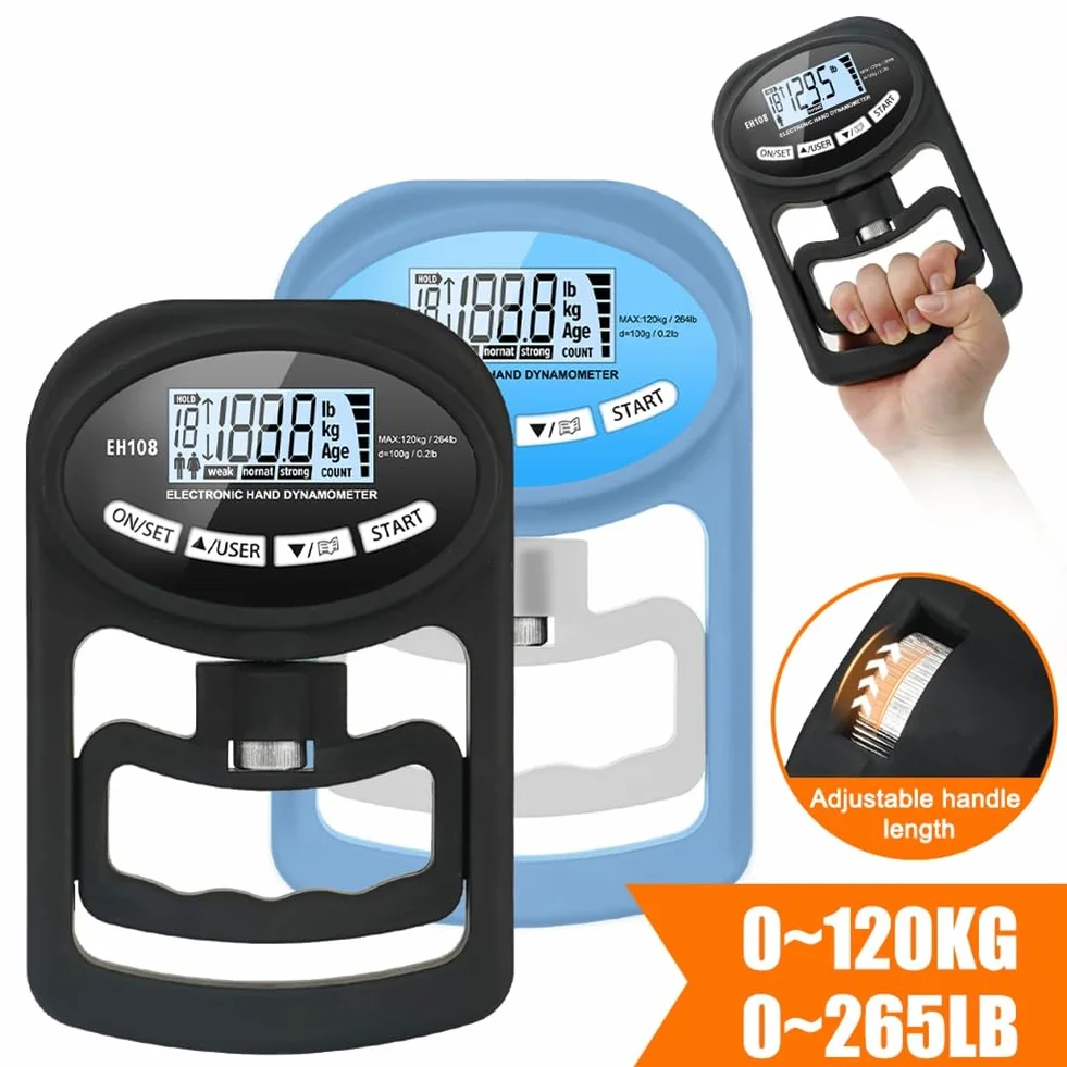 Probador de Fuerza de Agarre 265Lbs/120Kg DinamóMetro de Mano Digital Medidor de Fuerza de Agarre USB Pantalla LCD, Negro