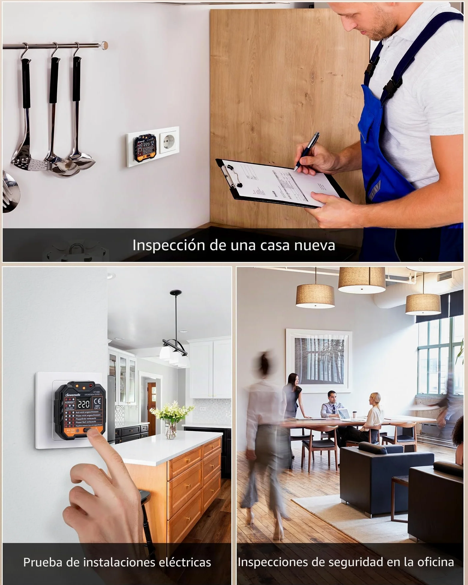 DEWENWILS Probador de Enchufes con Prueba RCD y Pantalla de Voltaje LCD, Pantalla de Luz Indicadora, Prueba FI, 48-250V/45-65Hz, CAT ll 300V