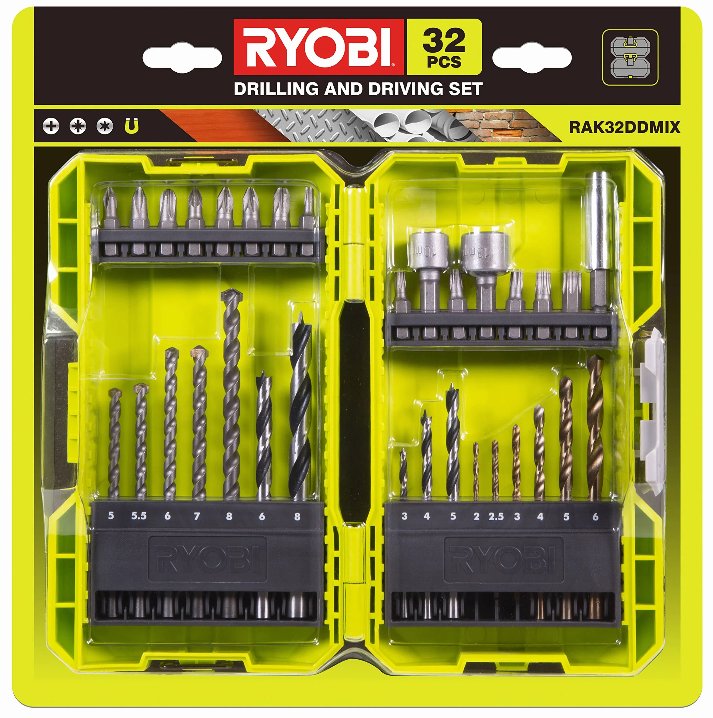 RYOBI - Caja Apilable 32 Accesorios Mixtos para Taladrar, Atornillar, Empernar + 1 Porta-Puntas - Puntas PH, PZ, HEX, T, SL, Zócalos, Brocas Madera, Metal, Hormigón - Trabajos Comunes - RAK32DDMIX