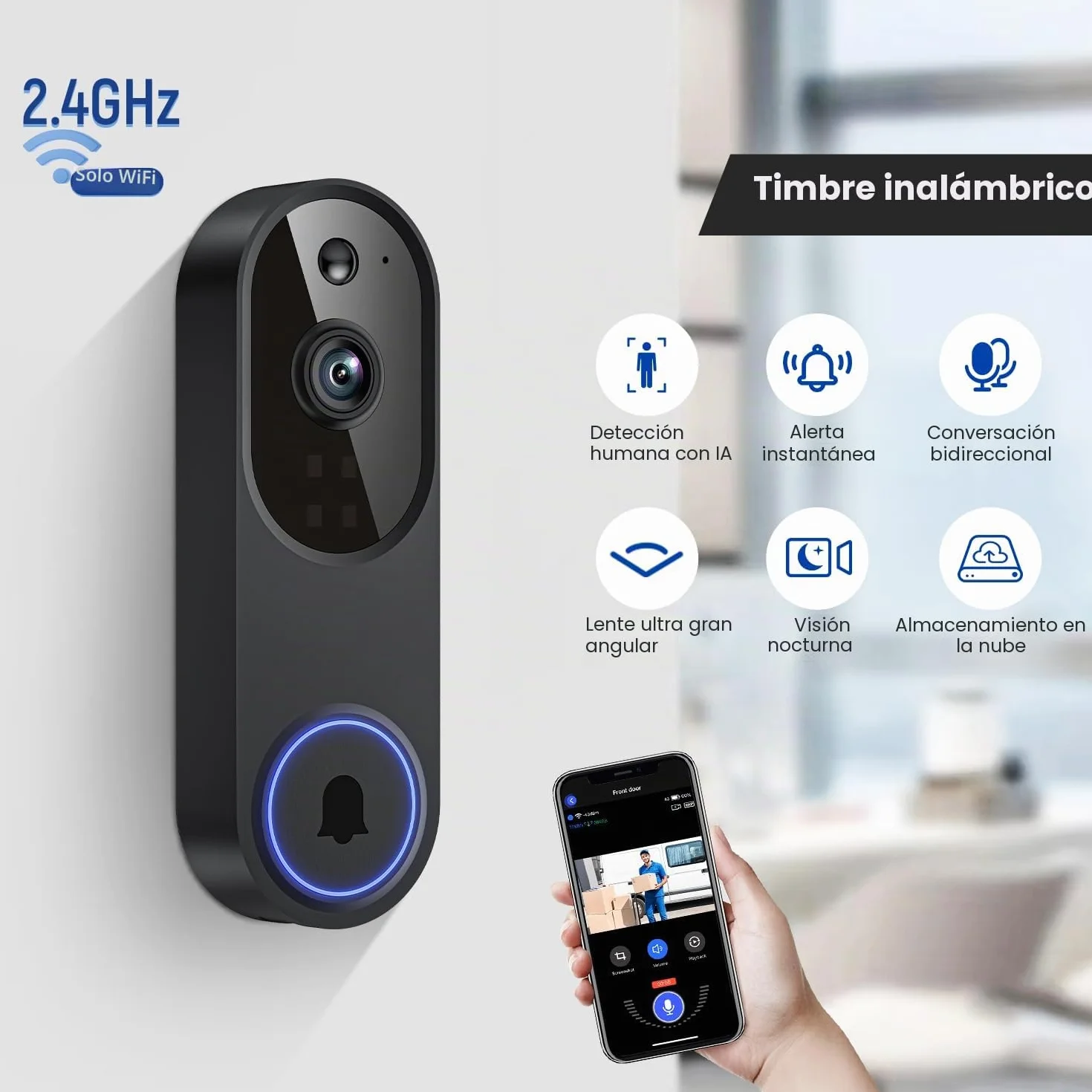 Cámara inalámbrica con timbre de video WiFi con receptor de timbre, detección humana de IA, conversación bidireccional, Wi-Fi de 2.4G, funciona con pilas, almacenamiento en la nube