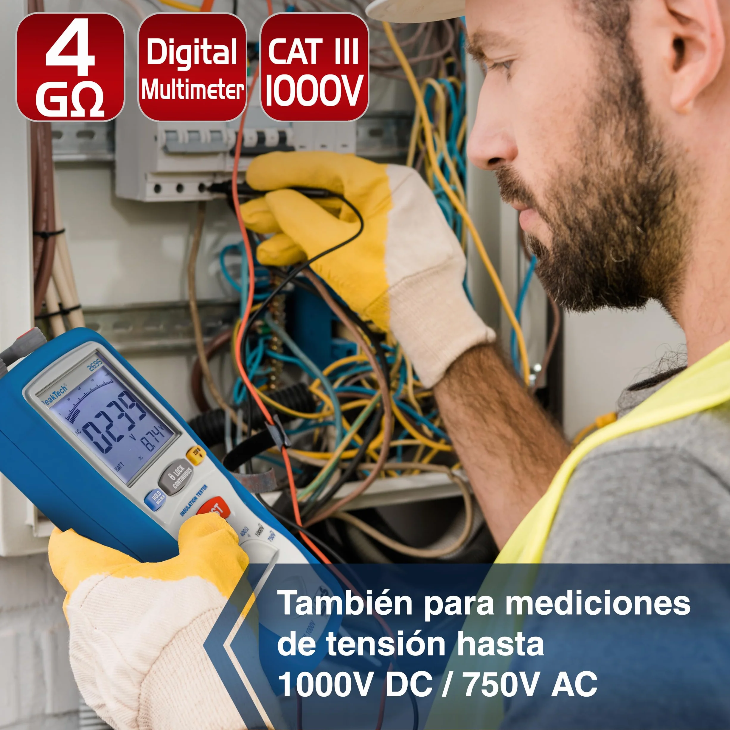 PeakTech 2695 – Probador de aislamiento, calibrado, probador de continuidad, voltímetro, circuitos, fusibles, mínimo/máximo, retención de datos, TUV/GS - 125V, 250V, 500V, 1000V