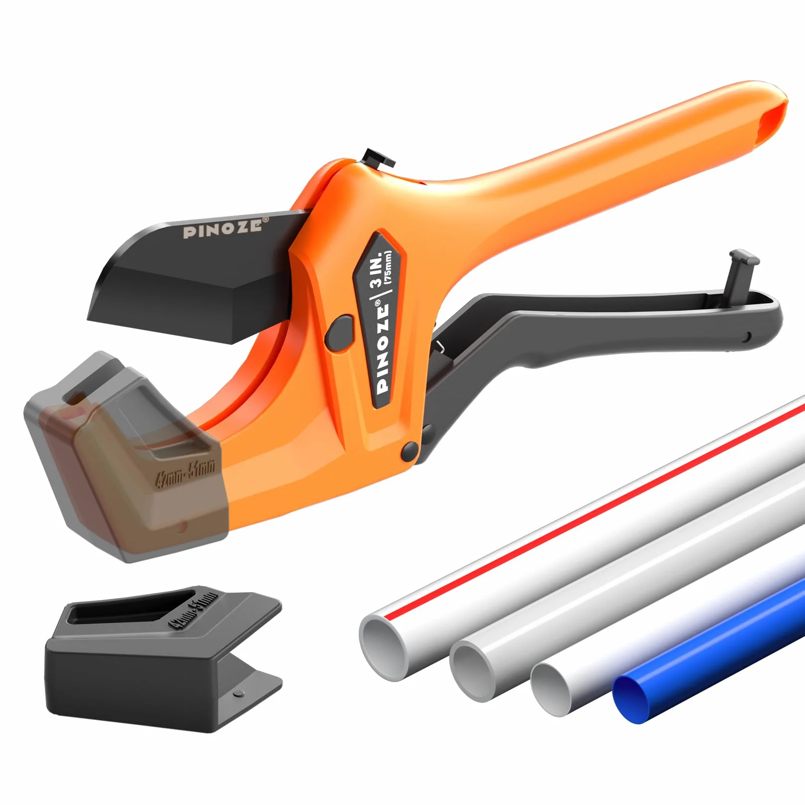 PINOZE Cortador de tubos de PVC que corta hasta 76 mm (3"), herramienta de corte de tubos de trinquete resistente con estabilizador para PVC, PPR, PE, PEX, mangueras de plástico y tuberías de
