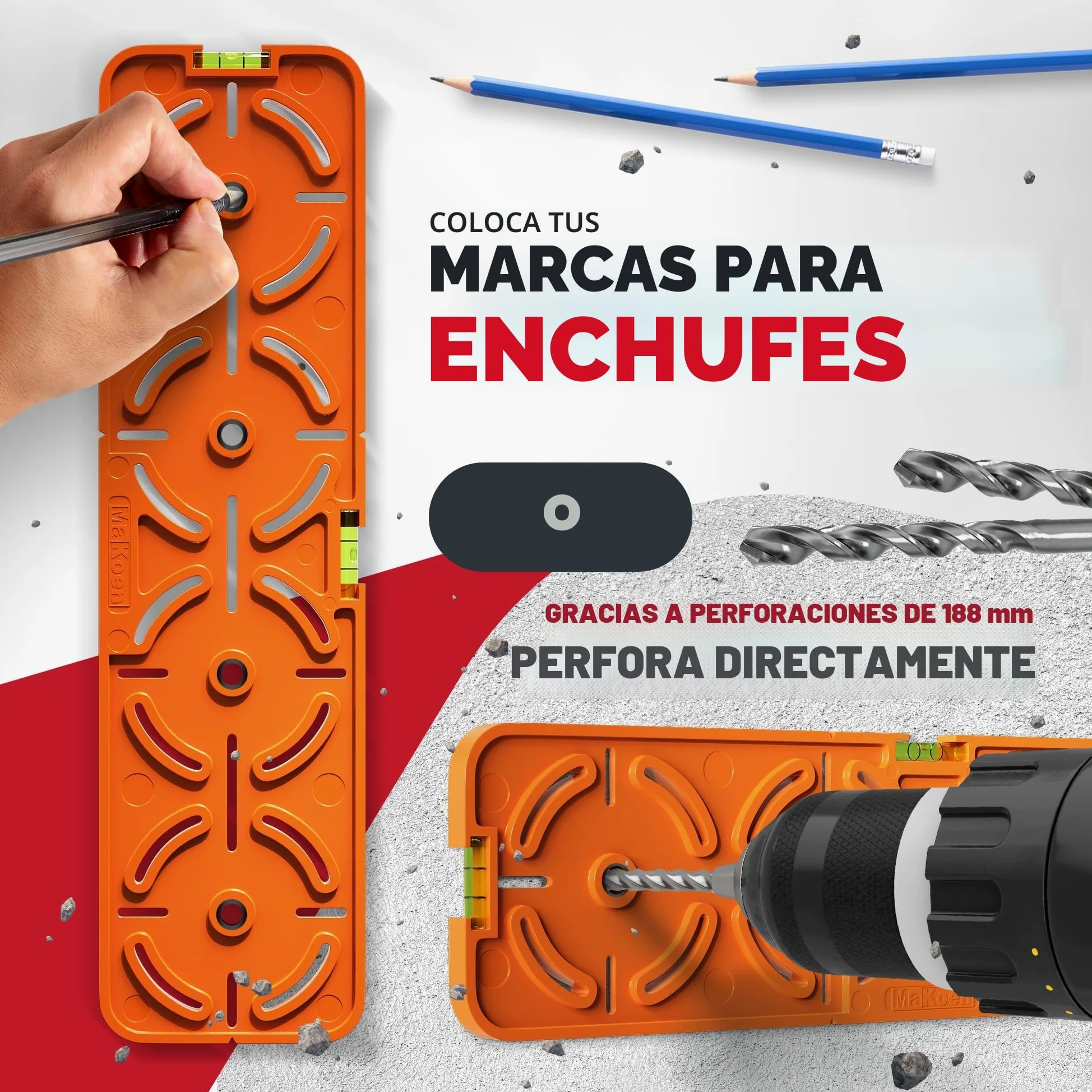 Plantilla de perforación para enchufe, caja de interruptor, caja de pared hueca, 71 mm de distancia, nivel de burbuja para instalación eléctrica en materia prima y paneles de yeso, MaKoen