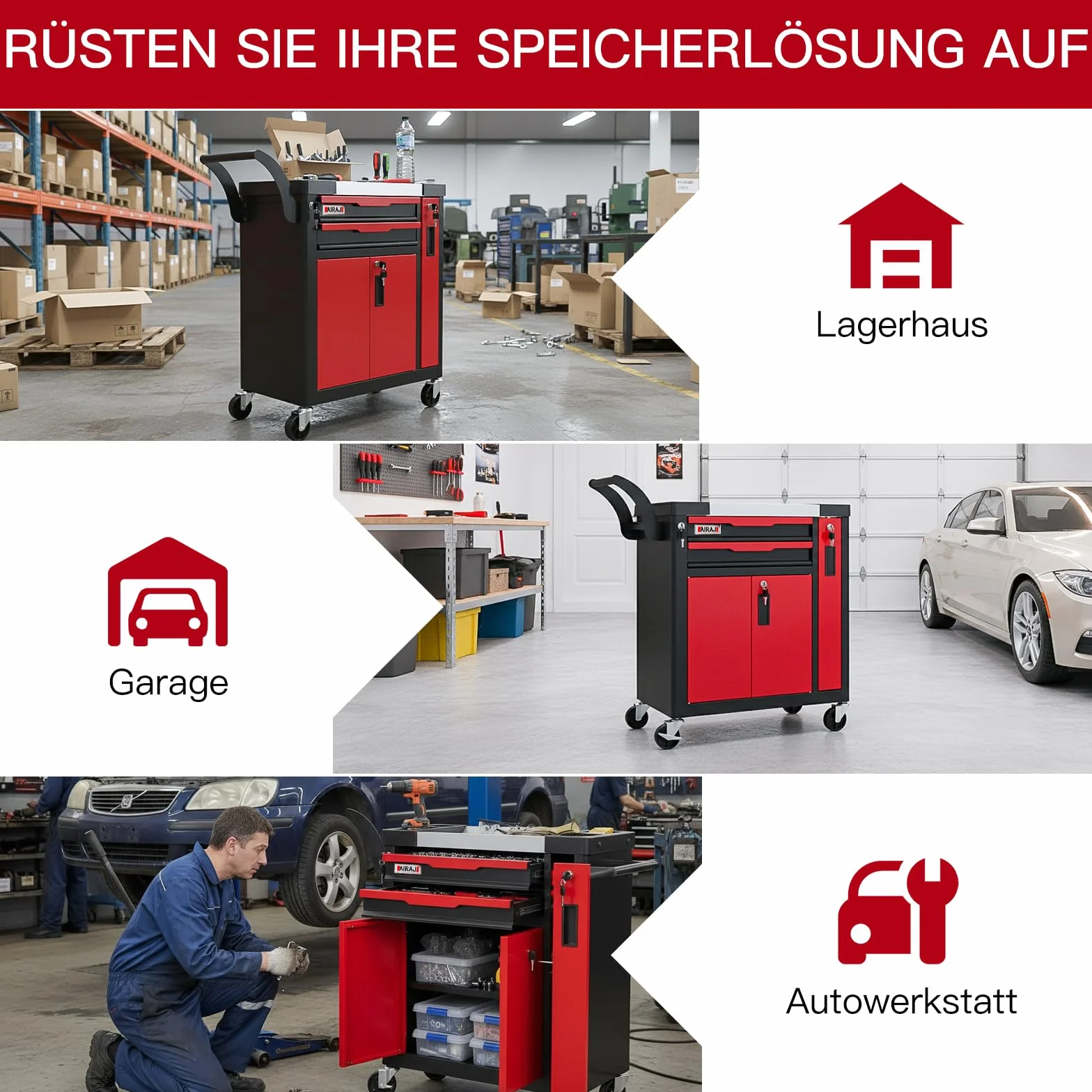 AIRAJ Carro Herramientas 2 Cassetti Grande Capacità Multiuso con Ruote Cassetto Laterale para Garage