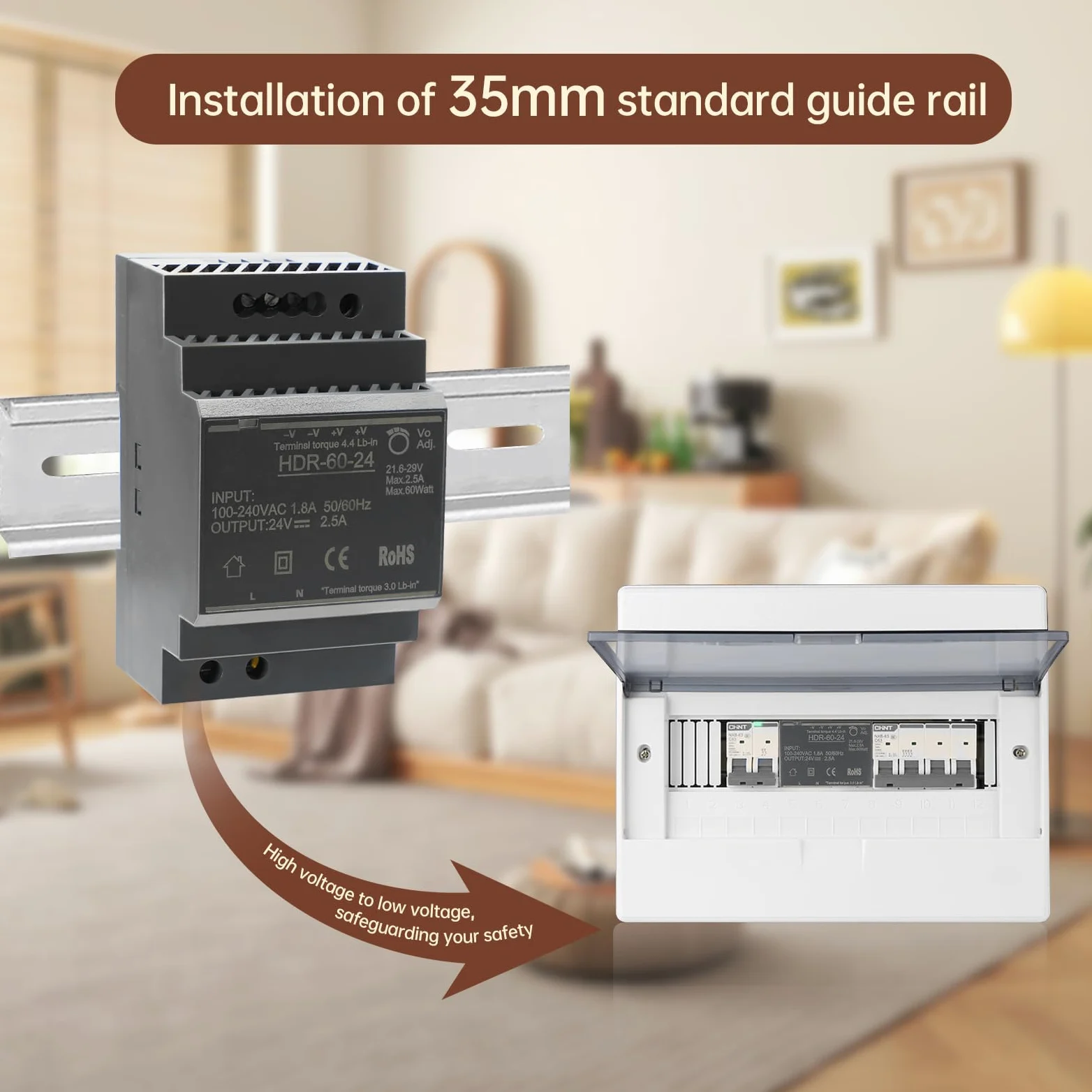 Fuente de Alimentación para el Montaje de Rayos de Sombra 24V 2.5A 60W Transformador de Red de Conmutación AC a CC para la Industria Iluminación y Automatización LED HDR-60-24