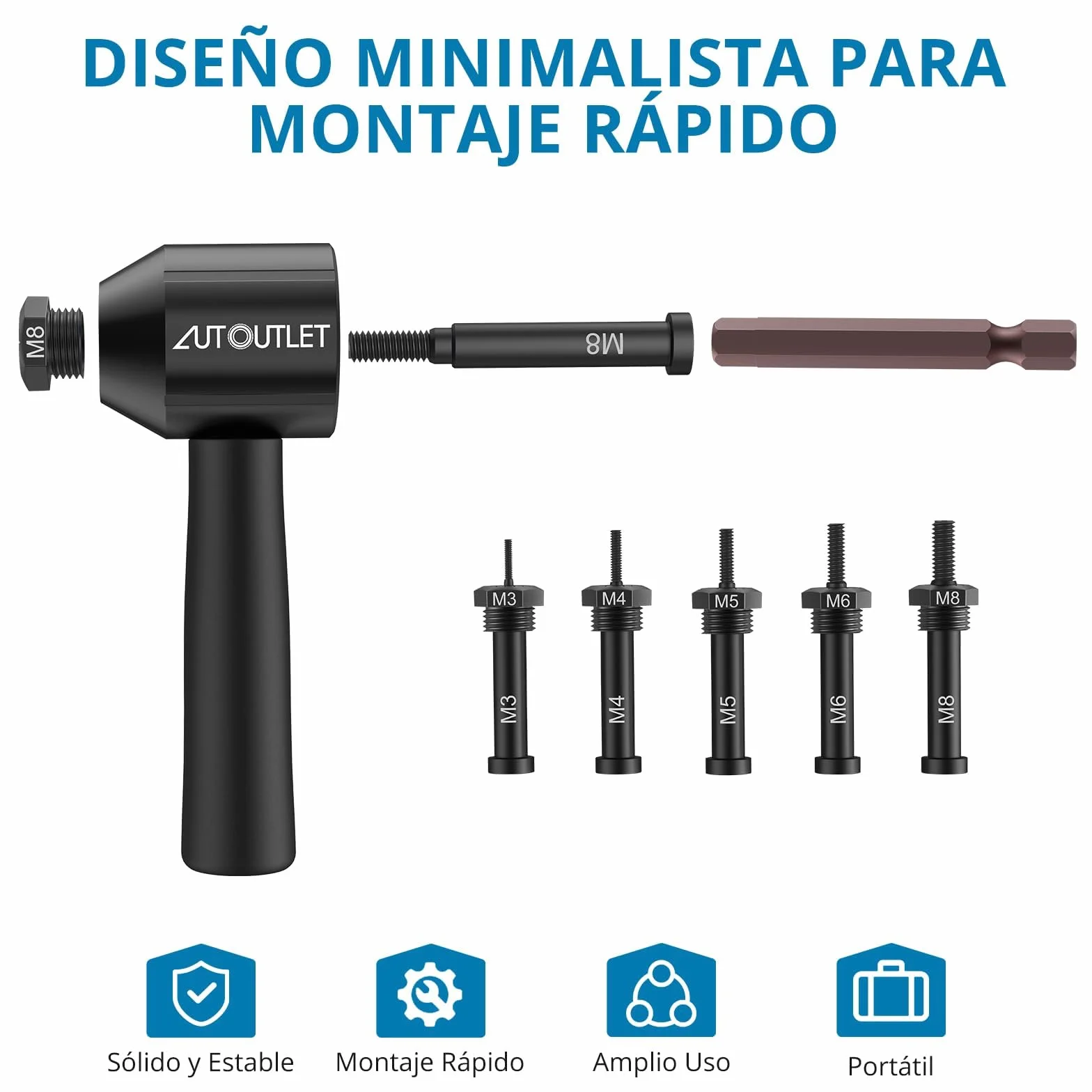 AUTOUTLET Adaptador de Remachadora para Taladro, 5 Mandriles Reemplazables M3-M8, Compatible con Tuercas de Aluminio y Acero (Negro)