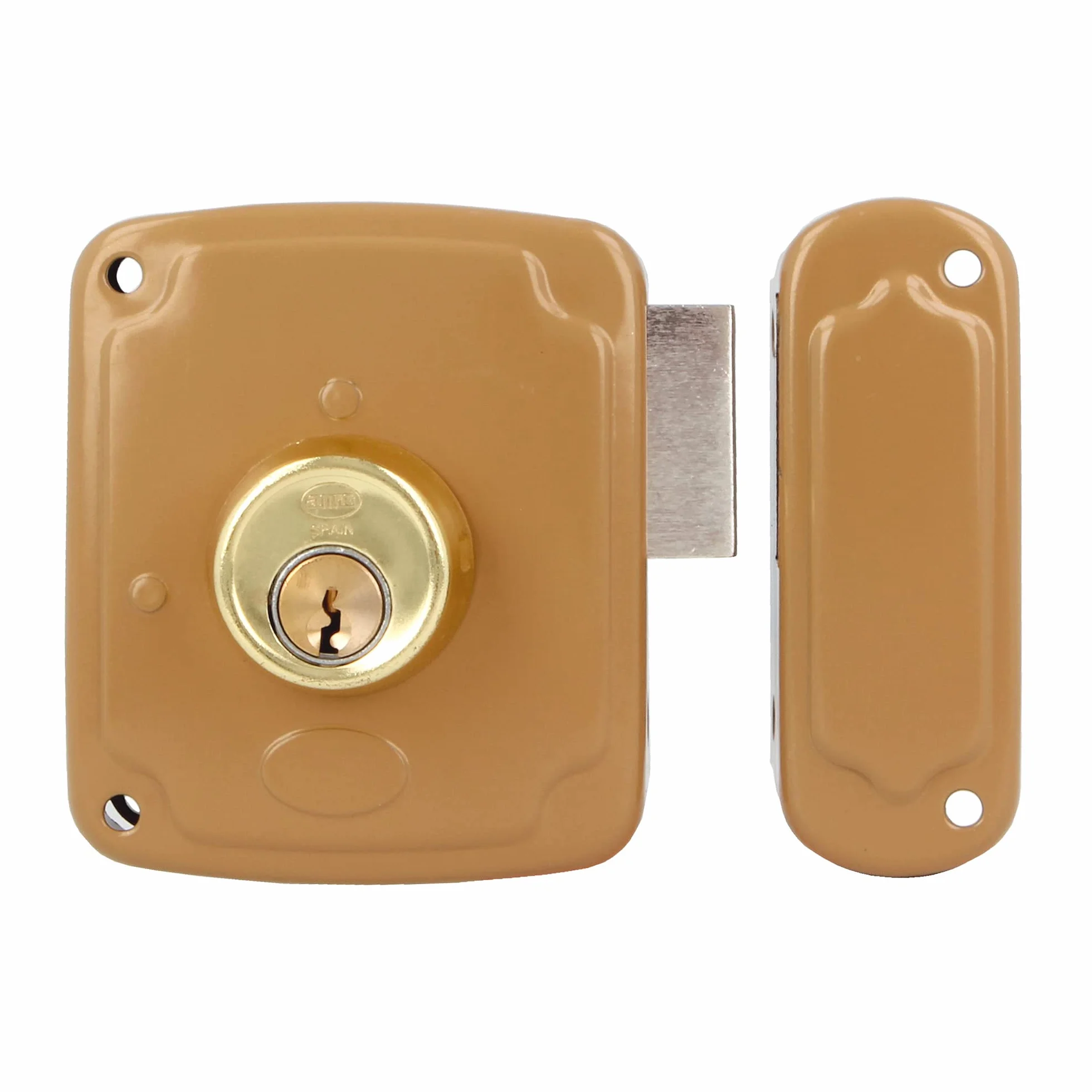 Amig - Cerradura de Sobreponer de Derecha con Palanca de Cierre y Lengüeta para Puertas de Madera Mod. 72PU / 80 x 95 mm/Pestillo Con Cilindro Redondo/Acero Dorado