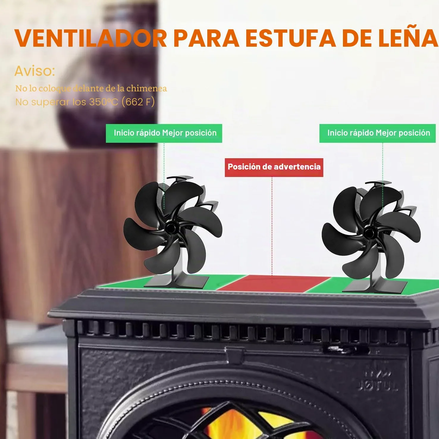 Ventilador de chimenea, 6 aspas, ventilador de horno, chimenea eléctrica, estufa, ventilador de estufa de calor, gran espacio para estufa, estufa de leña, ecológico sin electricidad (6 cuchillas)