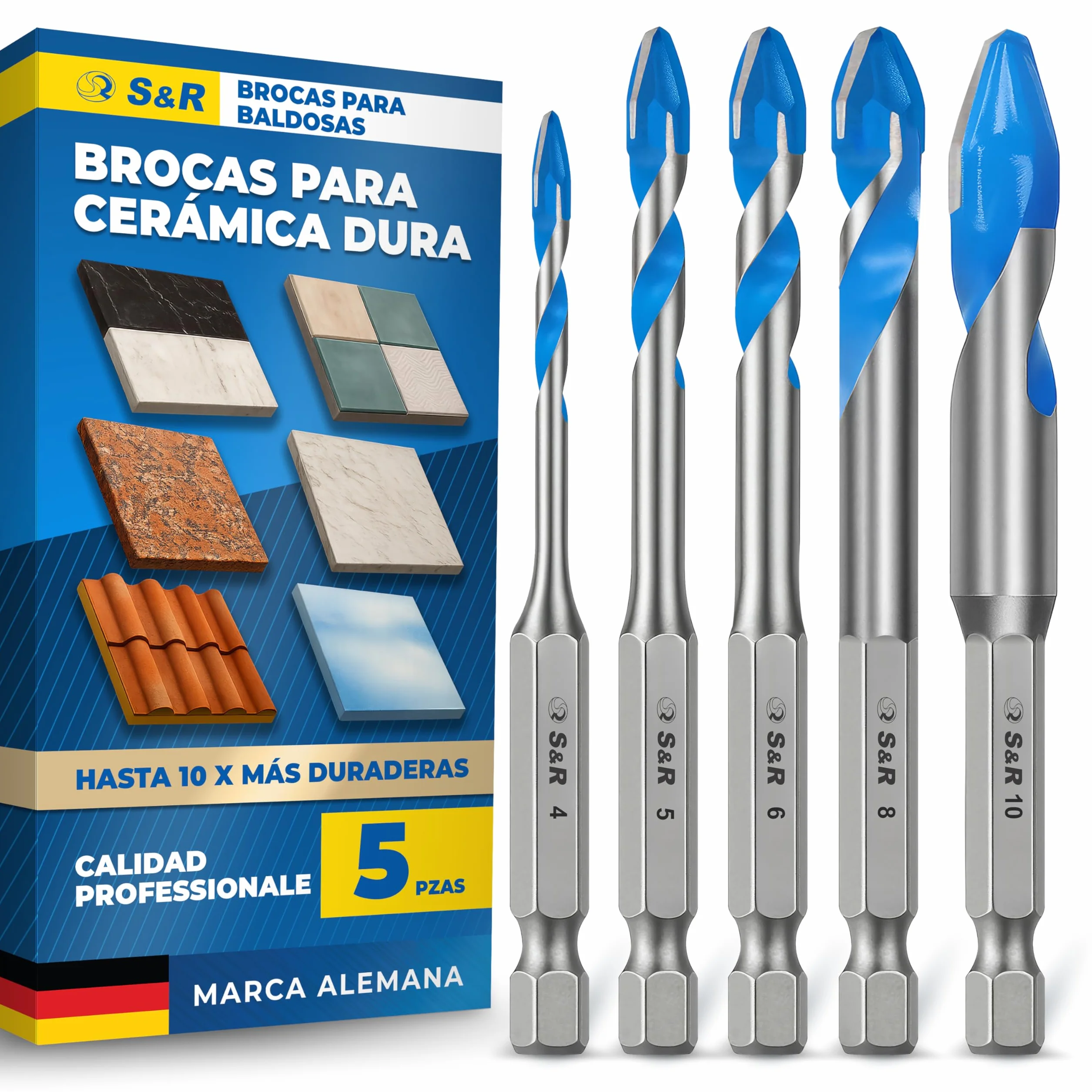 S&R Juego de Broca Azulejos Porcelanico Cerámica dura - Broca 4/5/6/8/10 mm - Broca para Porcelanico Azulejos Céramica Mármol Granito Vidrio. Brocas de Vástago hexagonal de 1/4