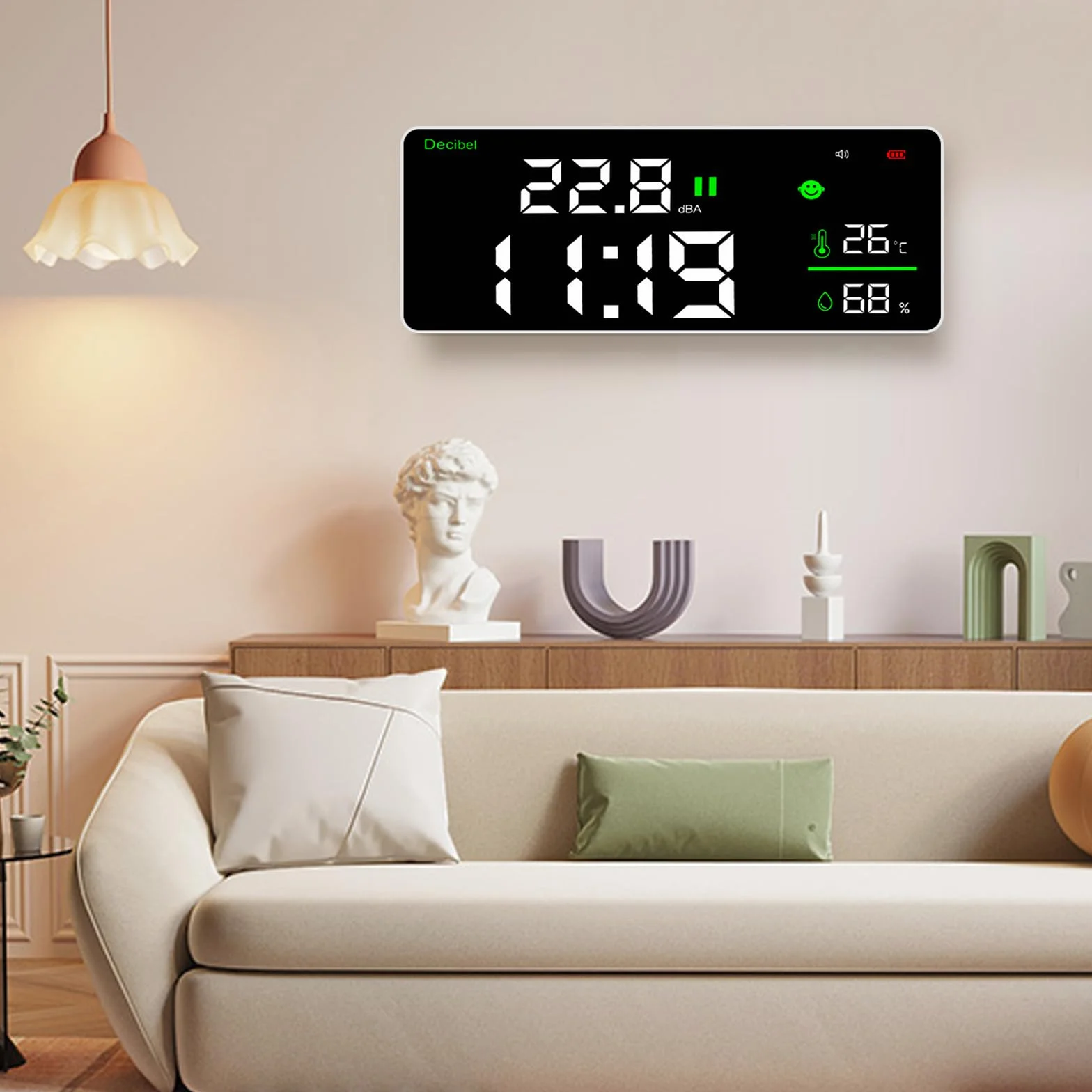 Medidor de Nivel de Sonido Digital Colgante, Decibelímetros Inteligente con Gran Pantalla LCD, Reloj, Detección de Temperatura y Humedad, Decibelios 30~130 dB con Alarma para Monitor de Ruido