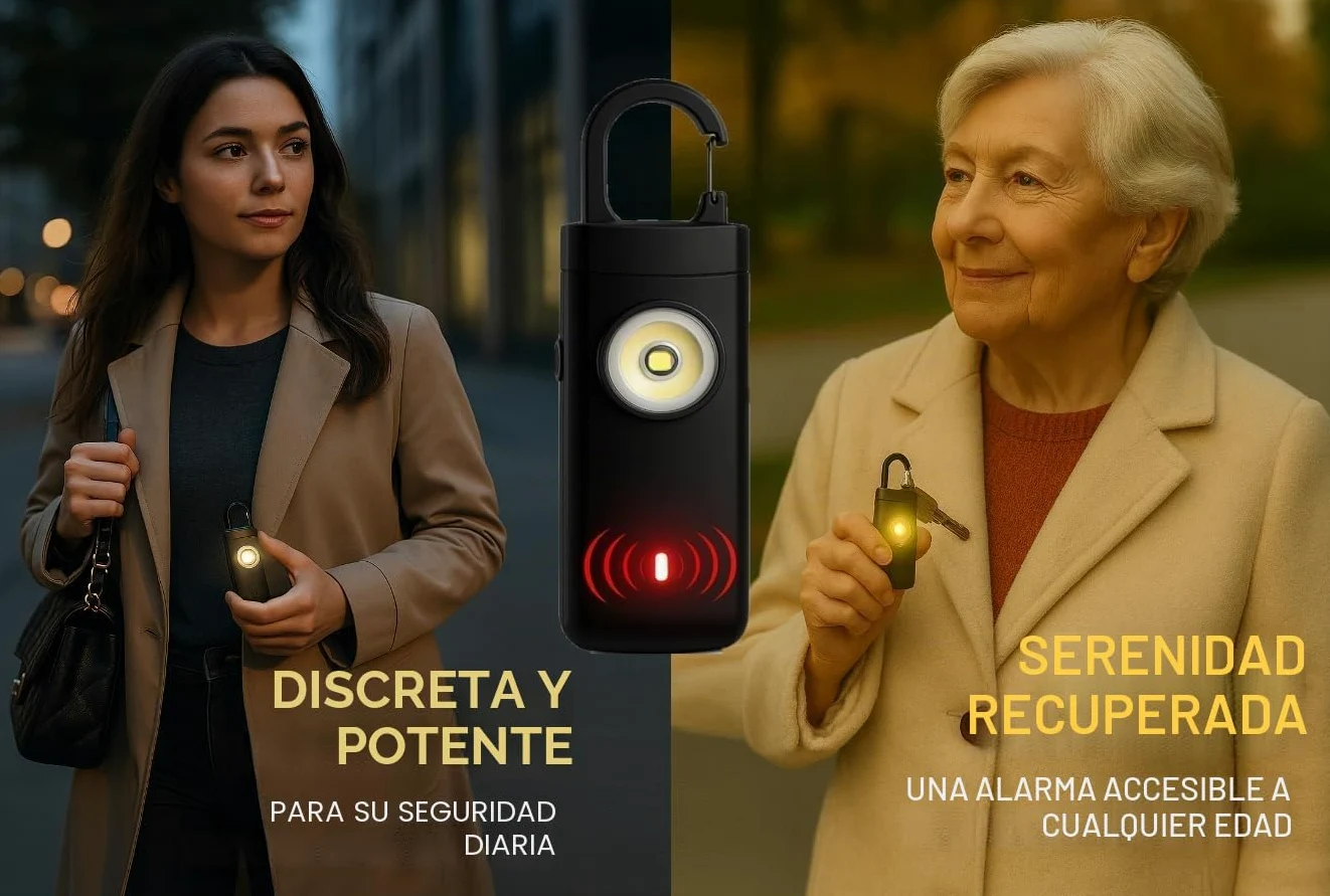 Alarma de bolsillo, alarma personal de seguridad de emergencia de 130 decibelios con luces, color negro