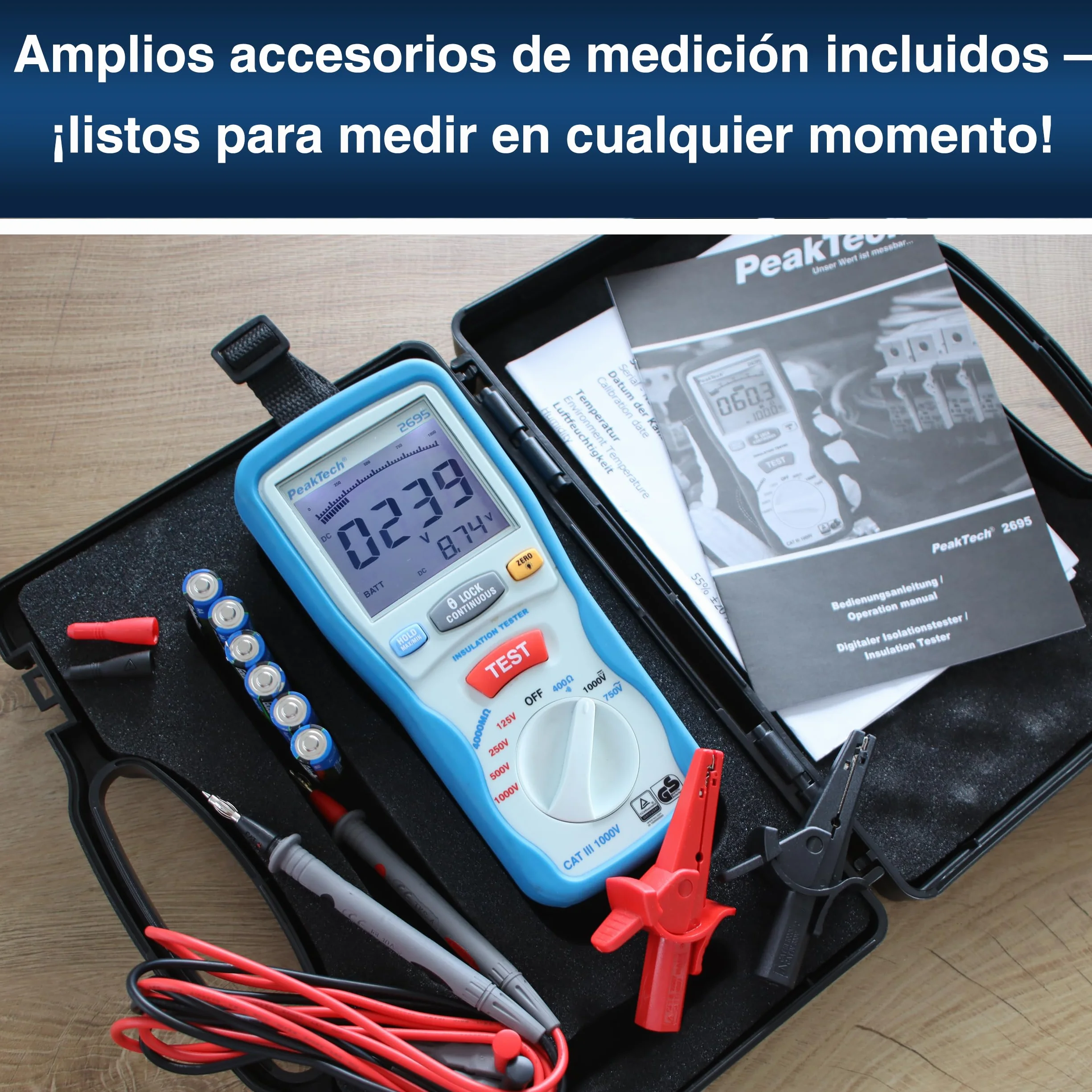 PeakTech 2695 – Probador de aislamiento, calibrado, probador de continuidad, voltímetro, circuitos, fusibles, mínimo/máximo, retención de datos, TUV/GS - 125V, 250V, 500V, 1000V