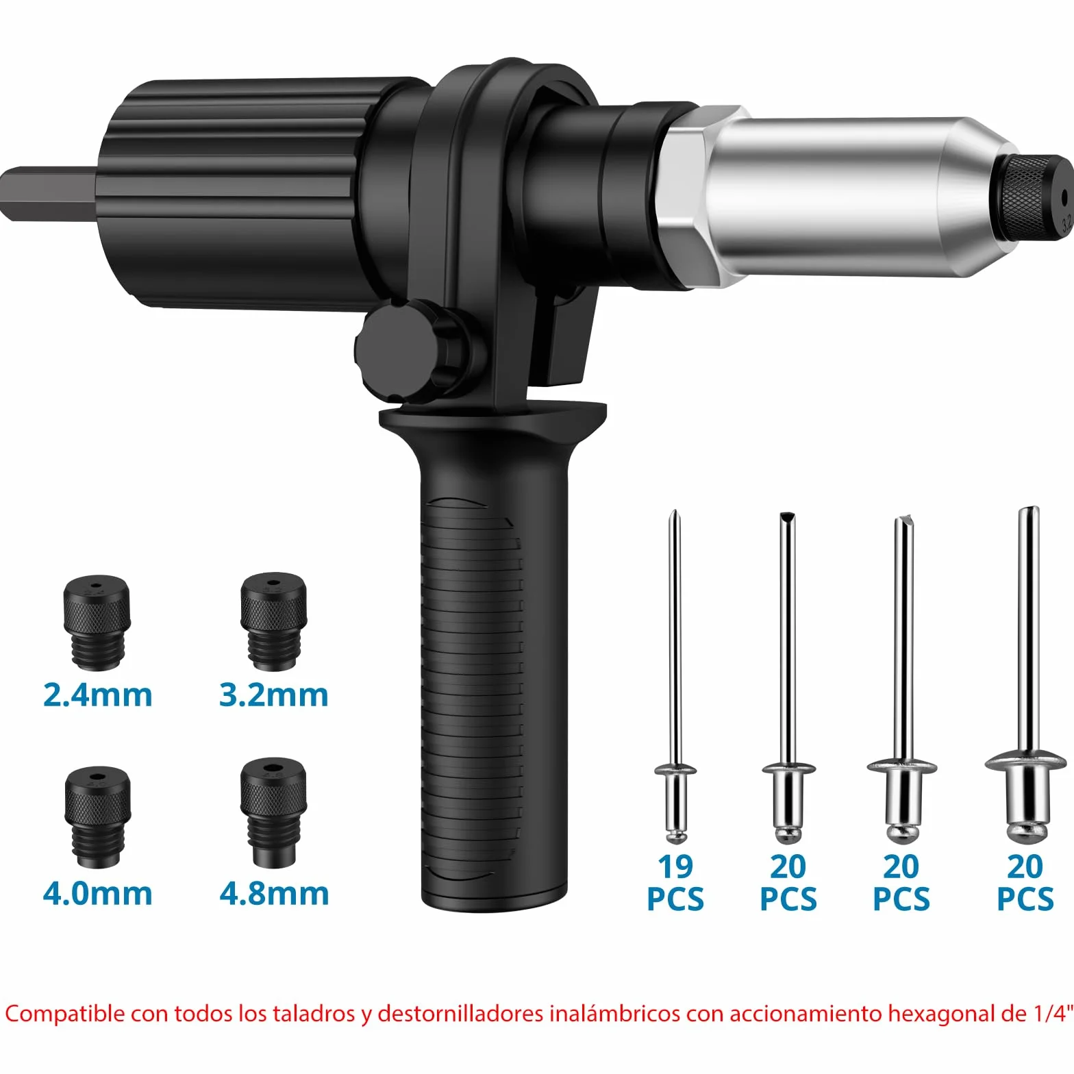 AUTOUTLET Accesorio de Remache para Taladro Destornillador Inalámbrico, Adaptador de Remache Eléctrico con Remaches de 79 piezas 2,4/3,2/4,0/4,8 mm para Remaches Ciegos (Negro)