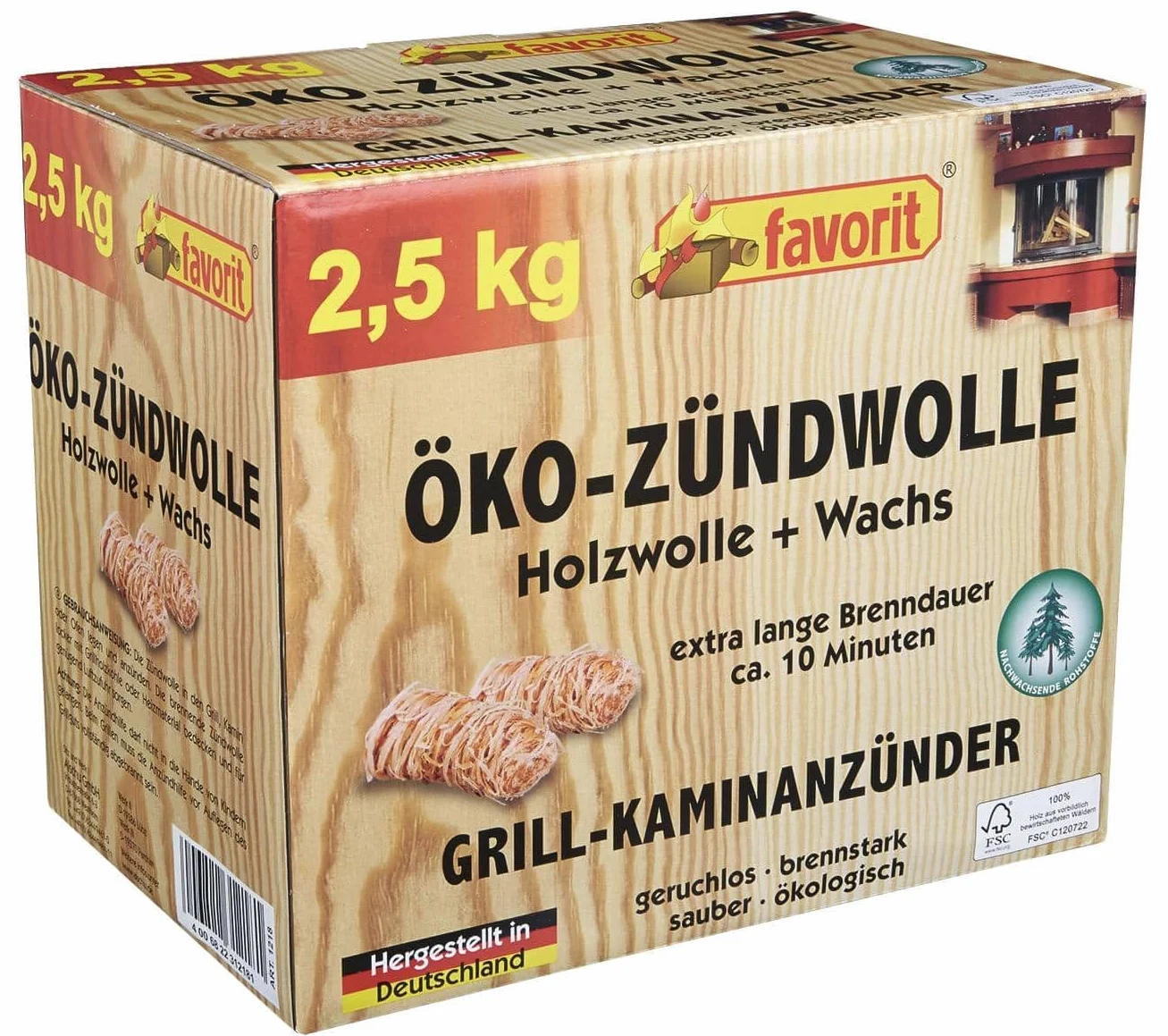 Favorit Lana de Encendido ecológica, 2,5 kg, en Caja Plegable resellable de Madera Natural y Cera, 1218