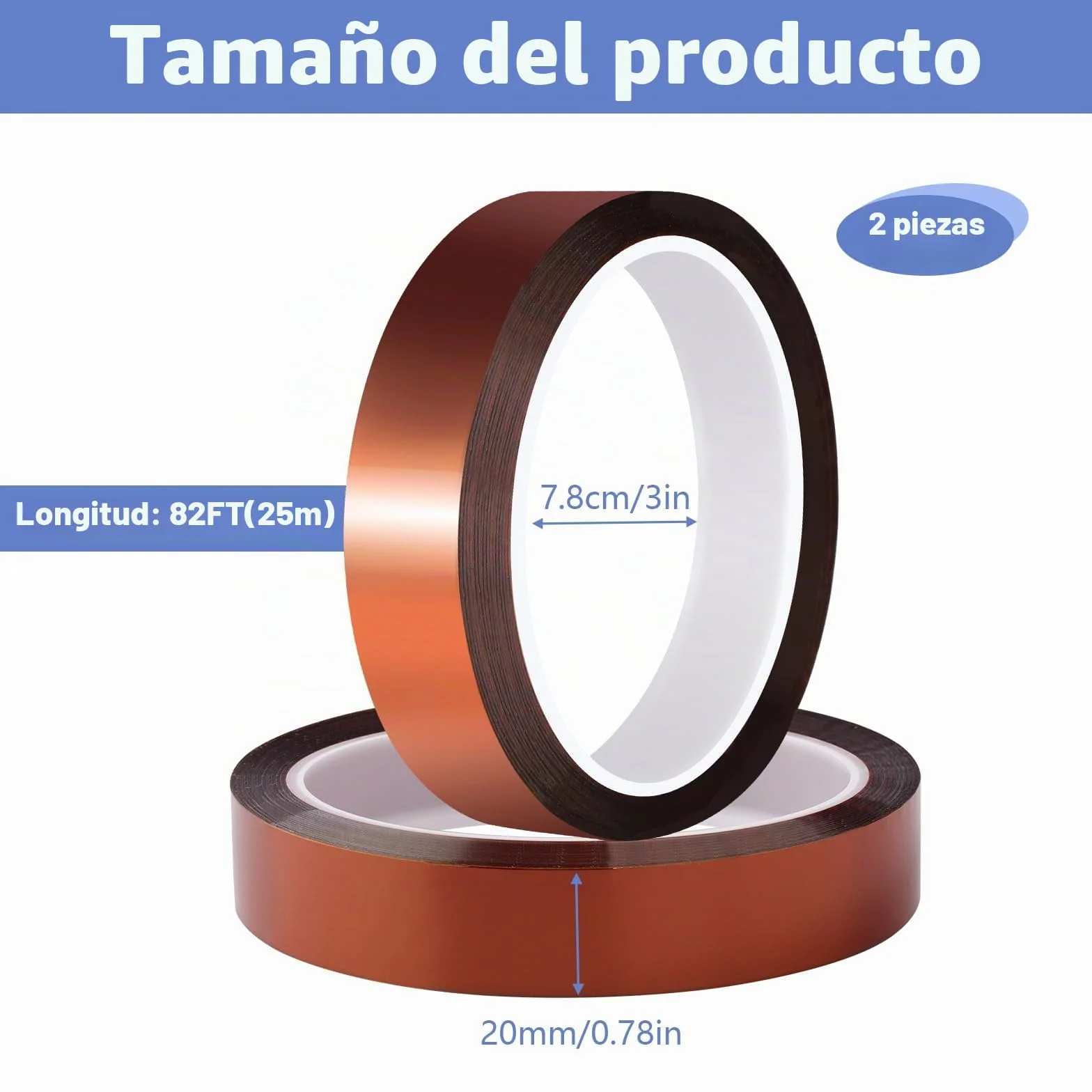 2 rollos de cinta adhesiva Kapton, 20 mm x 25 m, resistente al calor, cinta aislante de alta temperatura, cinta térmica para placas de circuito impreso electrónicas por sublimación