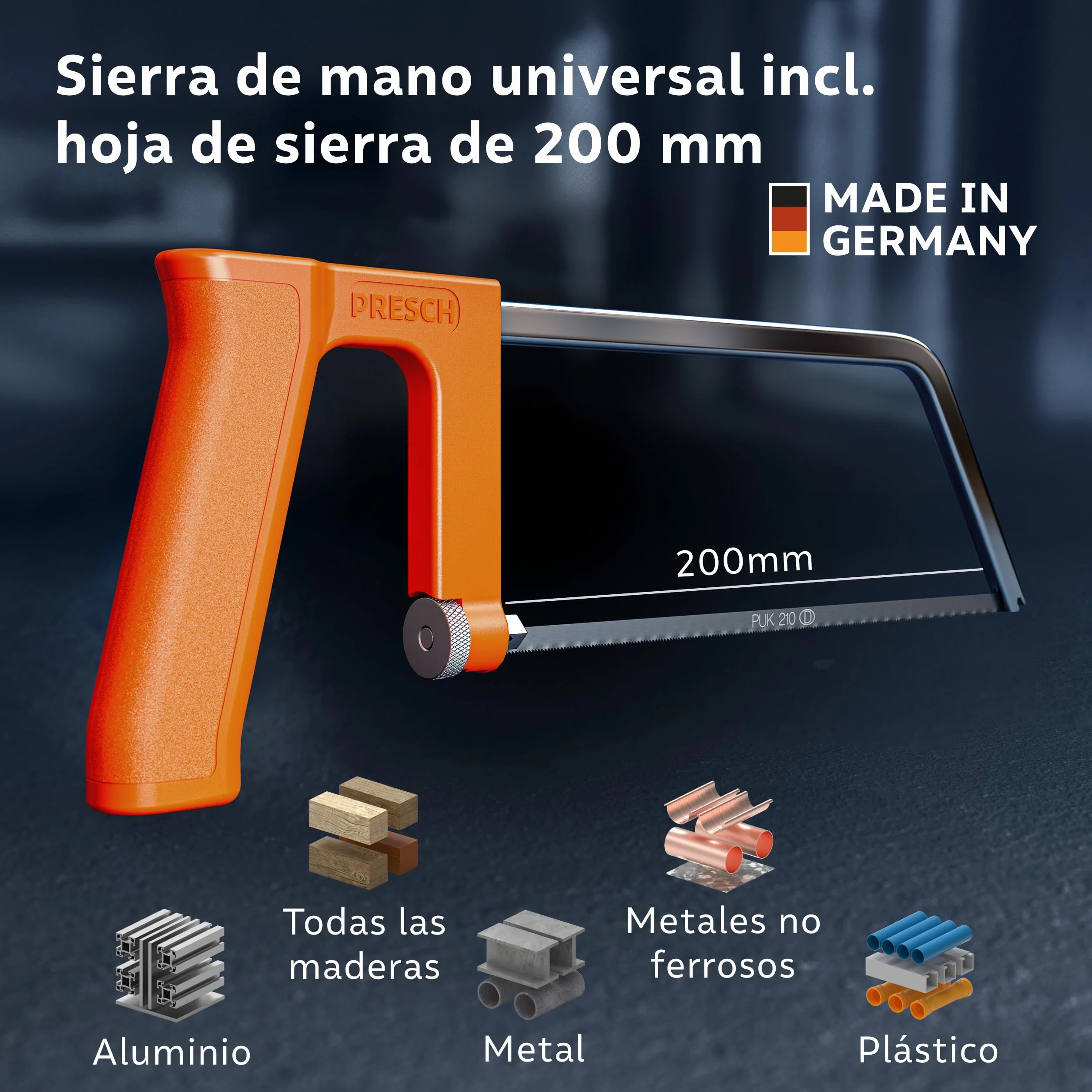 Presch Sierra de metal 200mm - Con hoja de sierra universal para cortes precisos - Cambio rápido de hojas de sierra - Mango ergonómico para serrar mejor - Sierra de arco pequeña, Sierra manual