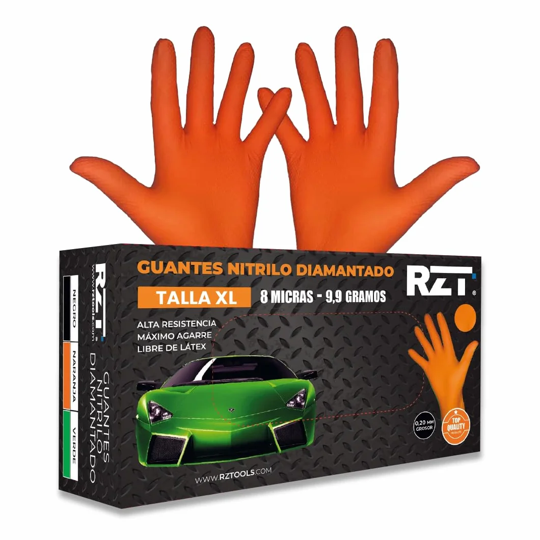 Guantes de Nitrilo Desechables Naranja Extra Gruesos Textura Diamante Tamaño S M L XL (50, XL)