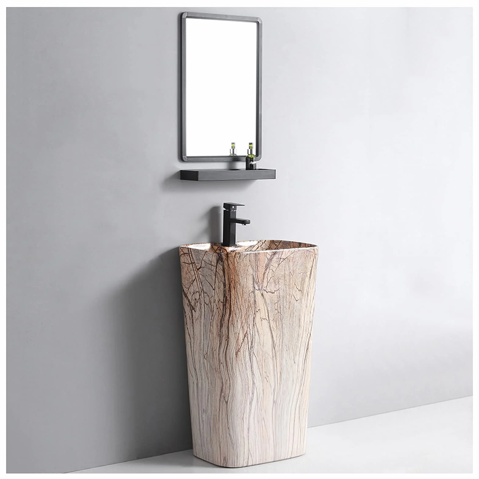 Lavabo de Pedestal, Lavabo de Baño de Pedestal de Arte Lavabos de Inodoros Hechos a Mano con Orificio de Instalación de Desagüe, para Interiores y Exteriores,D,Sin Espejo (B con Espejo)