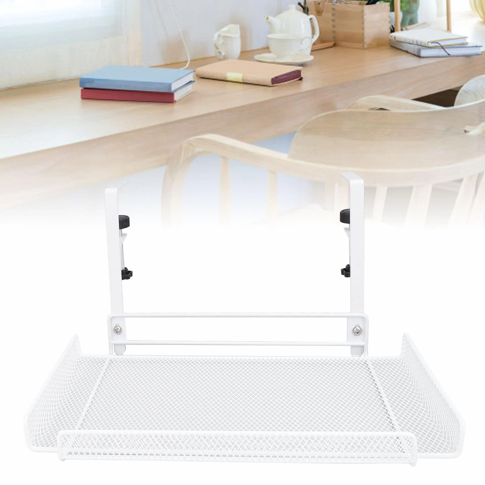 Estante organizador debajo del escritorio, cesta de almacenamiento con abrazadera, bandeja de gestión de cables para enrutador de cables, regleta de alimentación, ahorro de espacio, accesorios