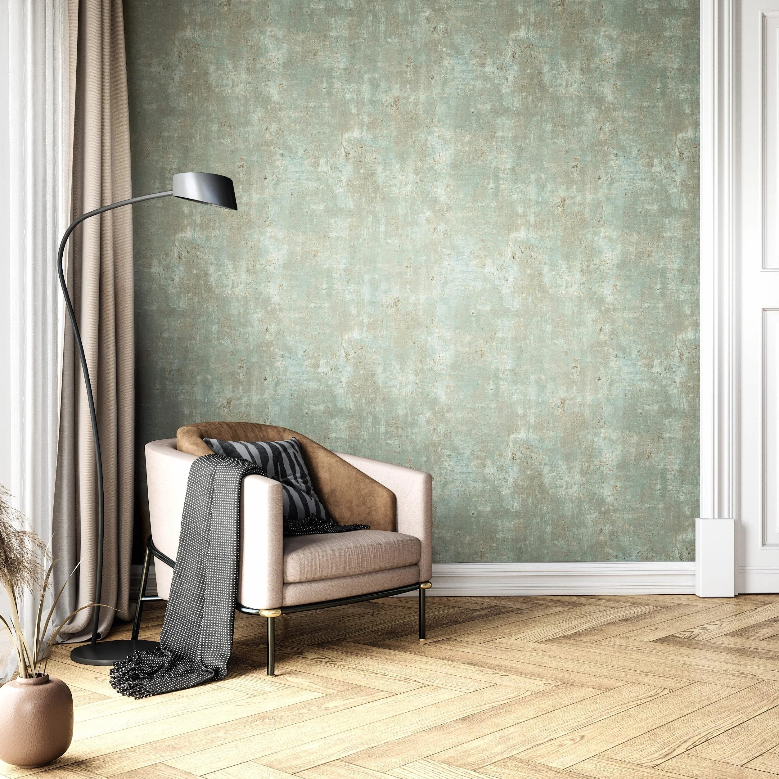 Newroom papel pintado verde efecto yeso metalizado salón | estuco envejecido con partículas doradas brillantes, tono salvia tornasolado, decoración boho natural, dormitorio, recibidor