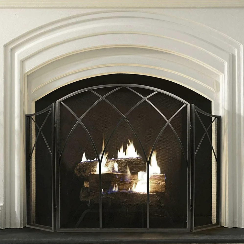 Pantalla Salvachispas Chimenea Pantalla con Marco de Arco 3 Paneles, Hierro Malla Simple diseño de la Chimenea de la Pantalla Protector de Chimenea (Color : Gold)