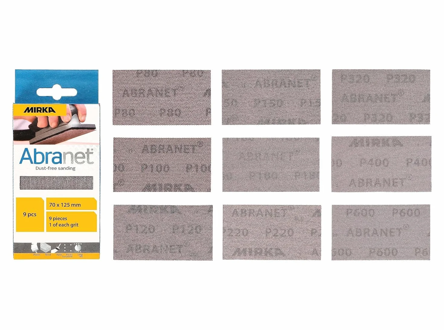 Mirka Abranet - Tiras de lijado de malla (70 mm x 125 mm, cierre adhesivo/mezcla, 1 de cada grano 80, 100, 120, 150, 180, 220, 320, 400, 600/9 uds), para lijado de madera, espátula, barniz