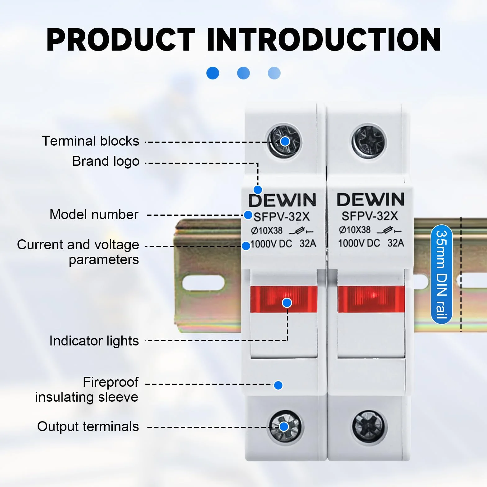 DEWIN Fusible fotovoltaico 2 polos 1000V CC 32A con protección contra sobrecarga y cortocircuito