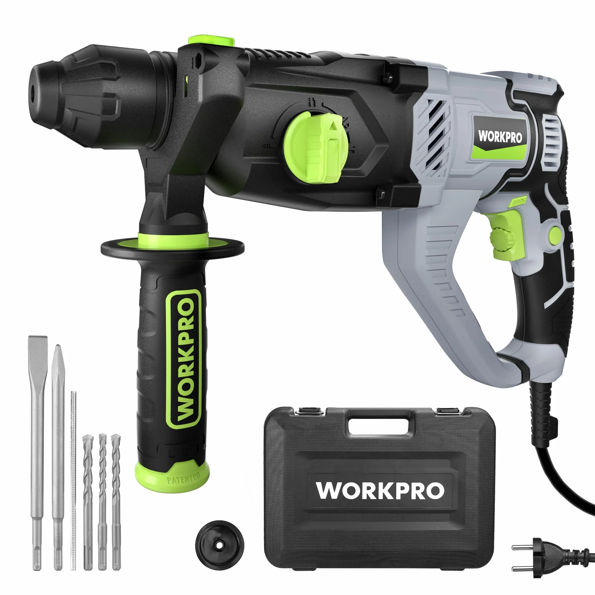 WORKPRO Martillo Perforador 1050W SDS Plus, Taladro Percutor Eléctrico con 4 Funciones, Velocidad Variable y Mango Giratorio 360°, Incluye Brocas para Hormigón, Madera y Metal