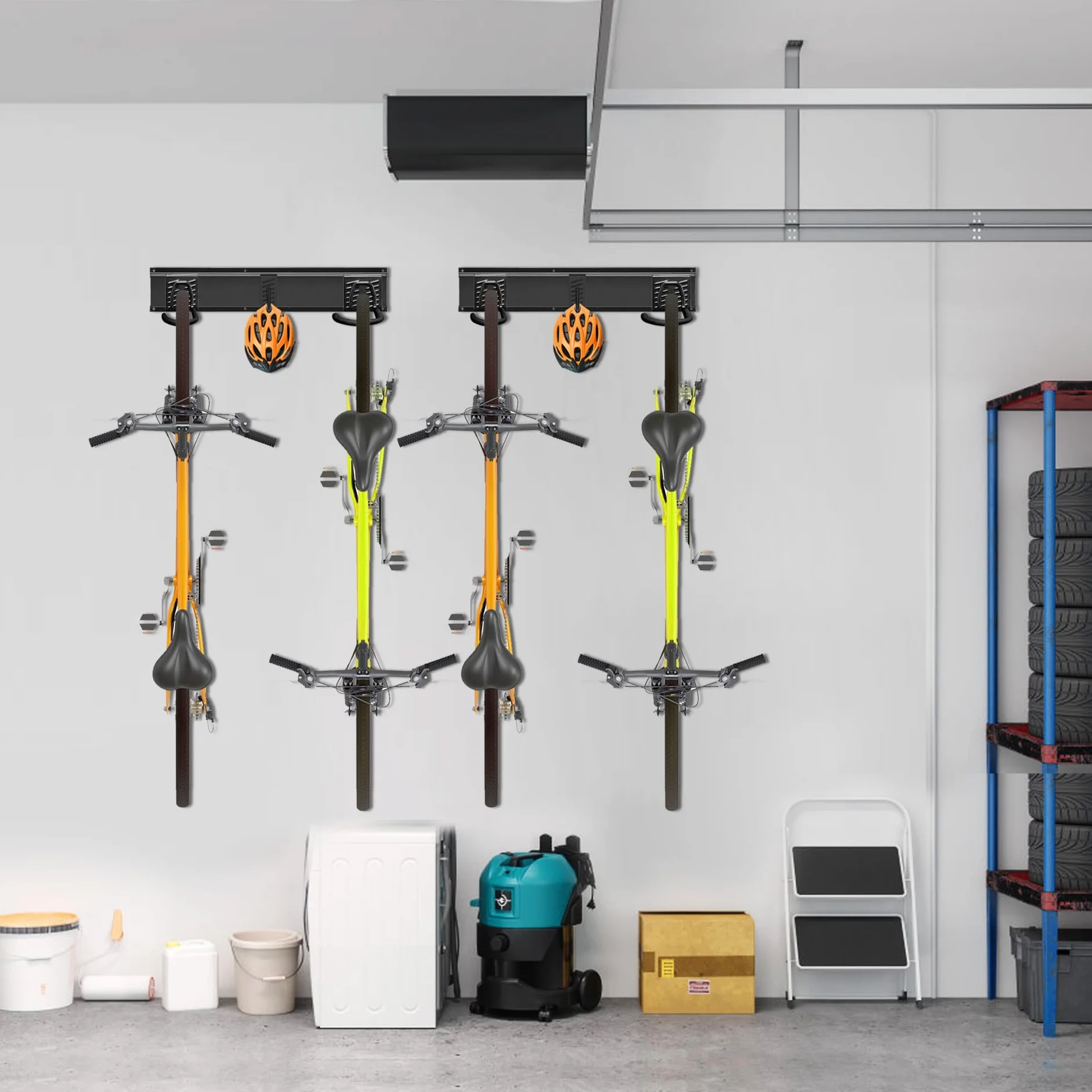 Mimoke Soporte de pared vertical ajustable para bicicleta eléctrica, MTB y bicicleta de carretera, soporte de pared para bicicletas y ganchos para casco (para 4 bicicletas 2 rieles)