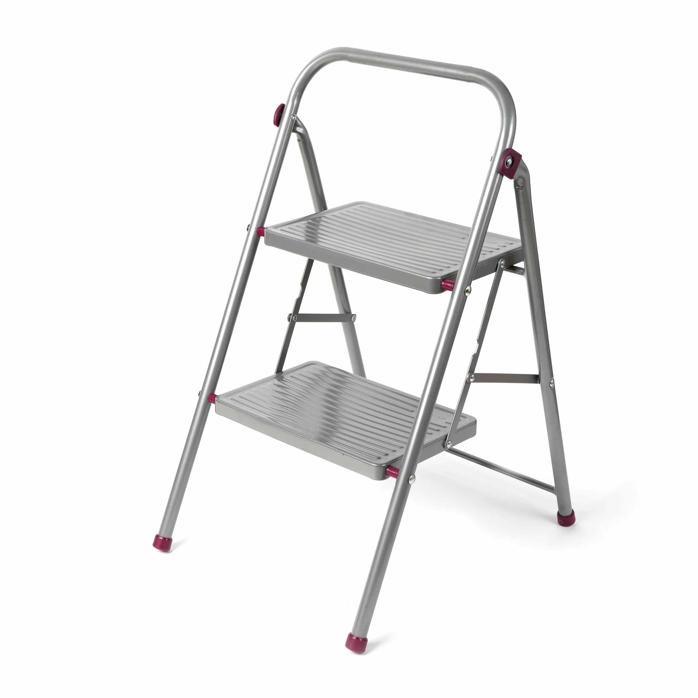 Kleeneze KL068491EU Escalera Plegable con 2 Peldaños, Fácil De Plegar, Gancho De Seguridad, Antiadherrente, Color Rosa/Gris, 80 cm