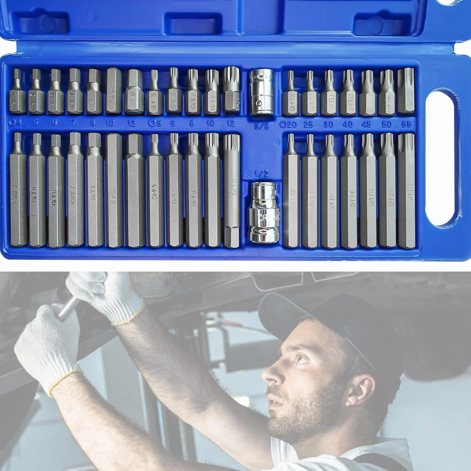 QZQUFJ Kit de 40 Piezas: Llaves de Vaso, Puntas Atornillador, Acero al Cromo-Vanadio, Imantadas, Llave de Estrella, Juego Torx para Reparación de Automóviles