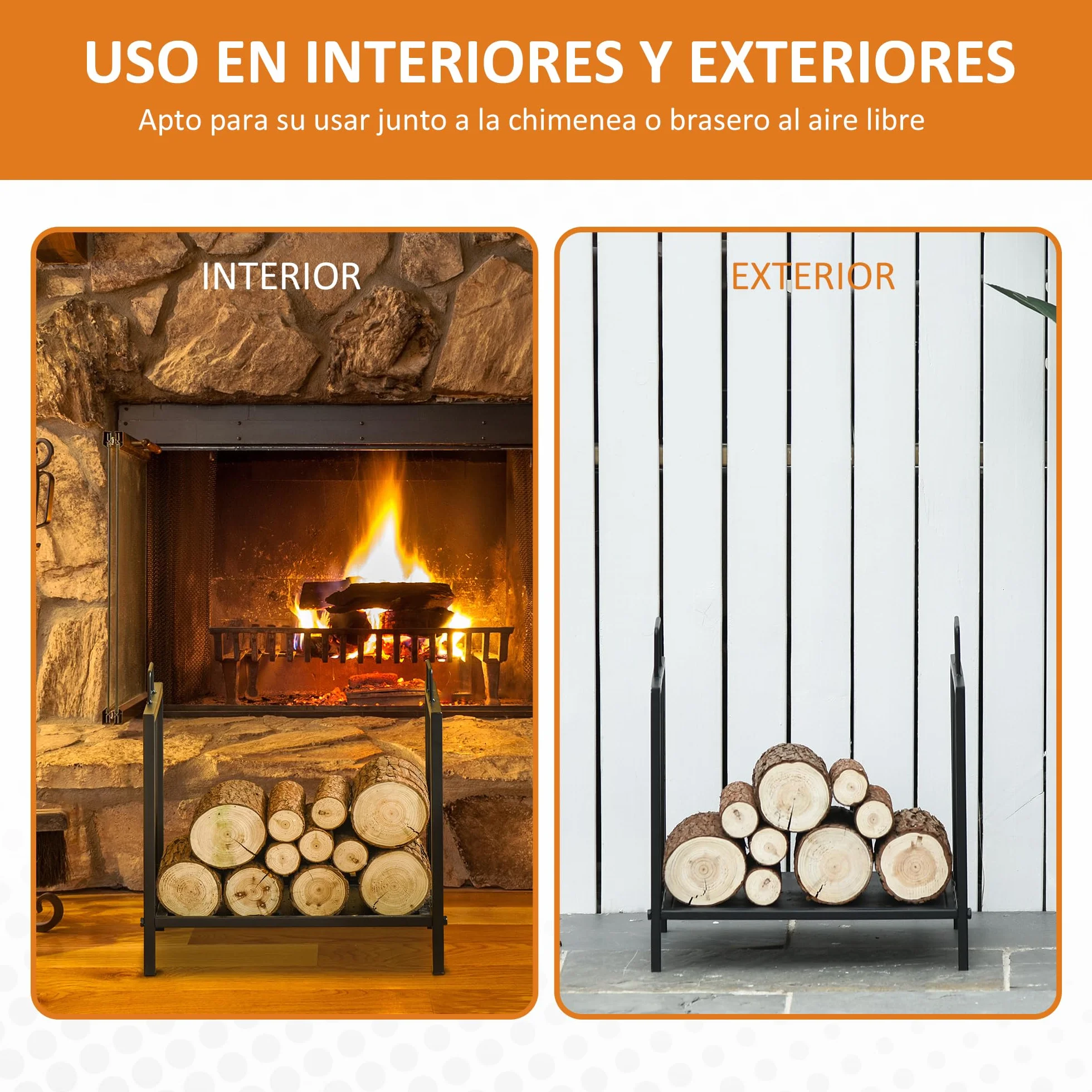 Outsunny Estante de Leña para Chimenea Tradicional Leñero Interior y Exterior Almacenaje para Madera Soporte para Leña con Asas Diseño Elevado 44,5x33x46,5 cm Negro