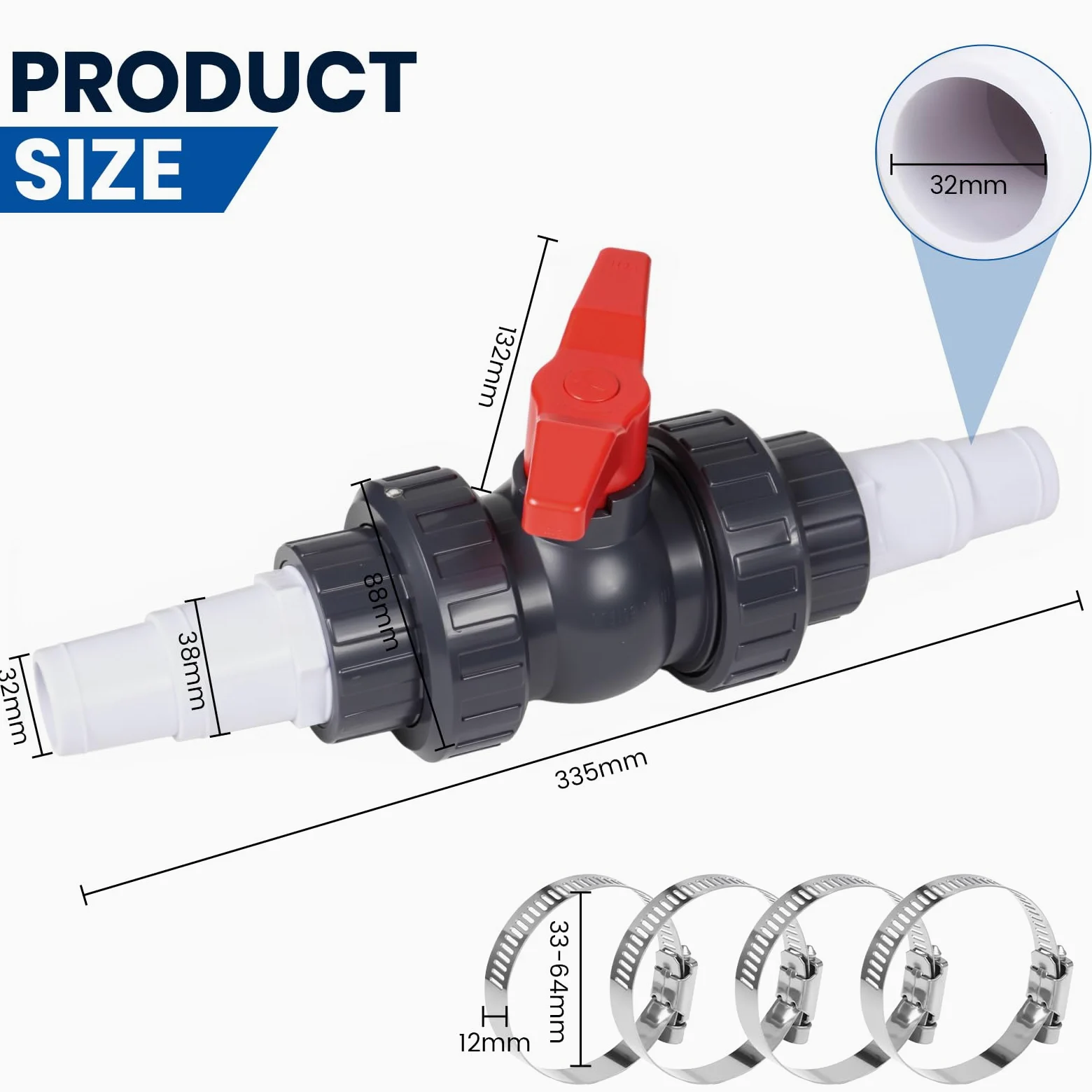 Válvula de bola con conector de manguera de PVC, válvula de cierre para piscina, incluye 1 válvula de cierre de 1 1/2" (50 mm), 2 boquillas de manguera de 32-38 mm, conector de manguera de