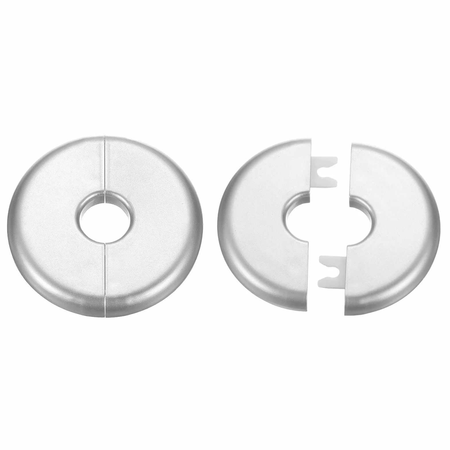 sourcing map 2 placas de cubierta de fontanería autoadhesivas de plástico ABS con brida dividida de 17 mm, diseño de hebilla para tubería de agua, baño, cocina, decoración, tono plateado