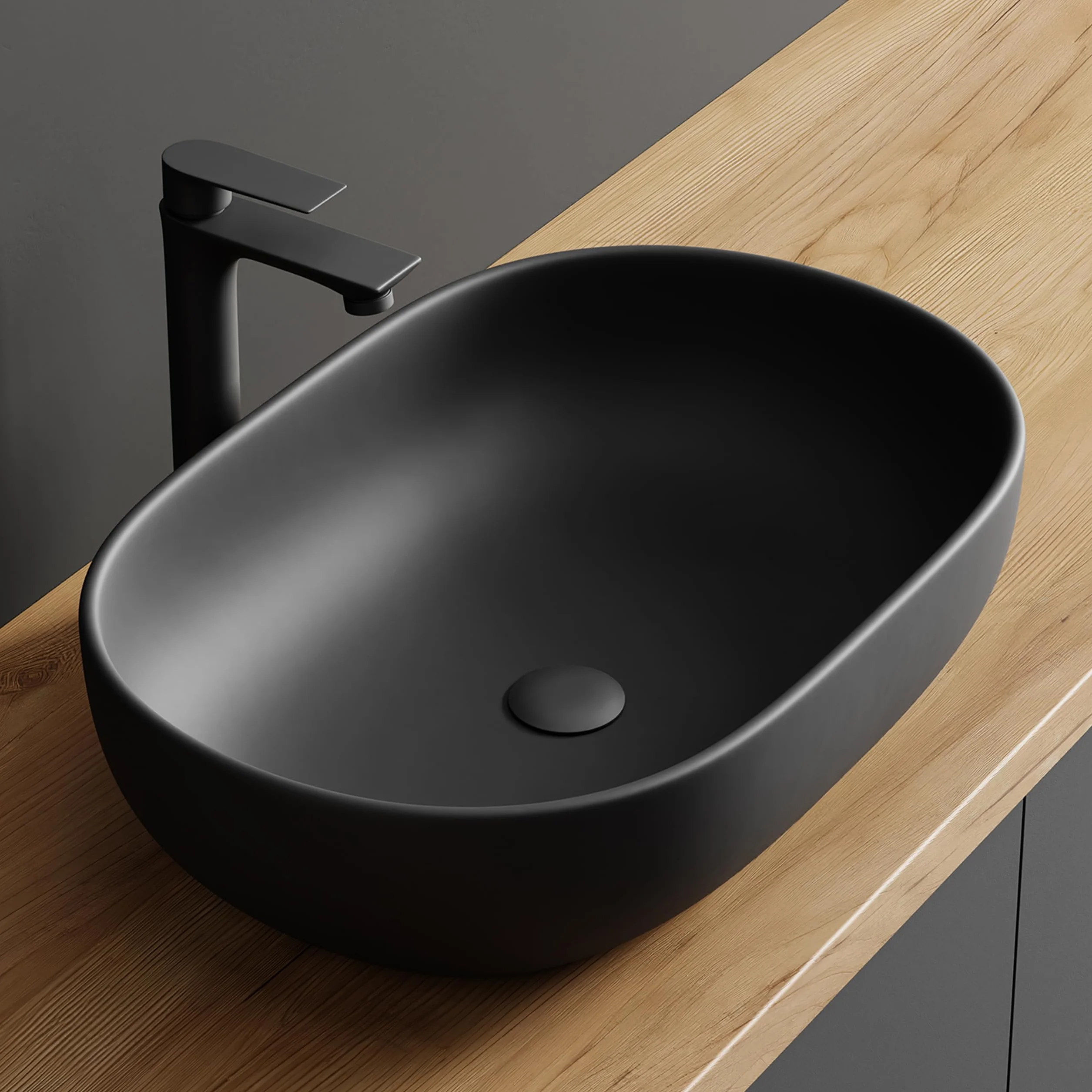Planetmöbel Aquil Deluxe Lavabo Oval | Lavabo de encimera para baño y aseo de invitados | Lavabo sin orificio para grifo y desagüe | Negro mate, 60 x 40 x 15 cm