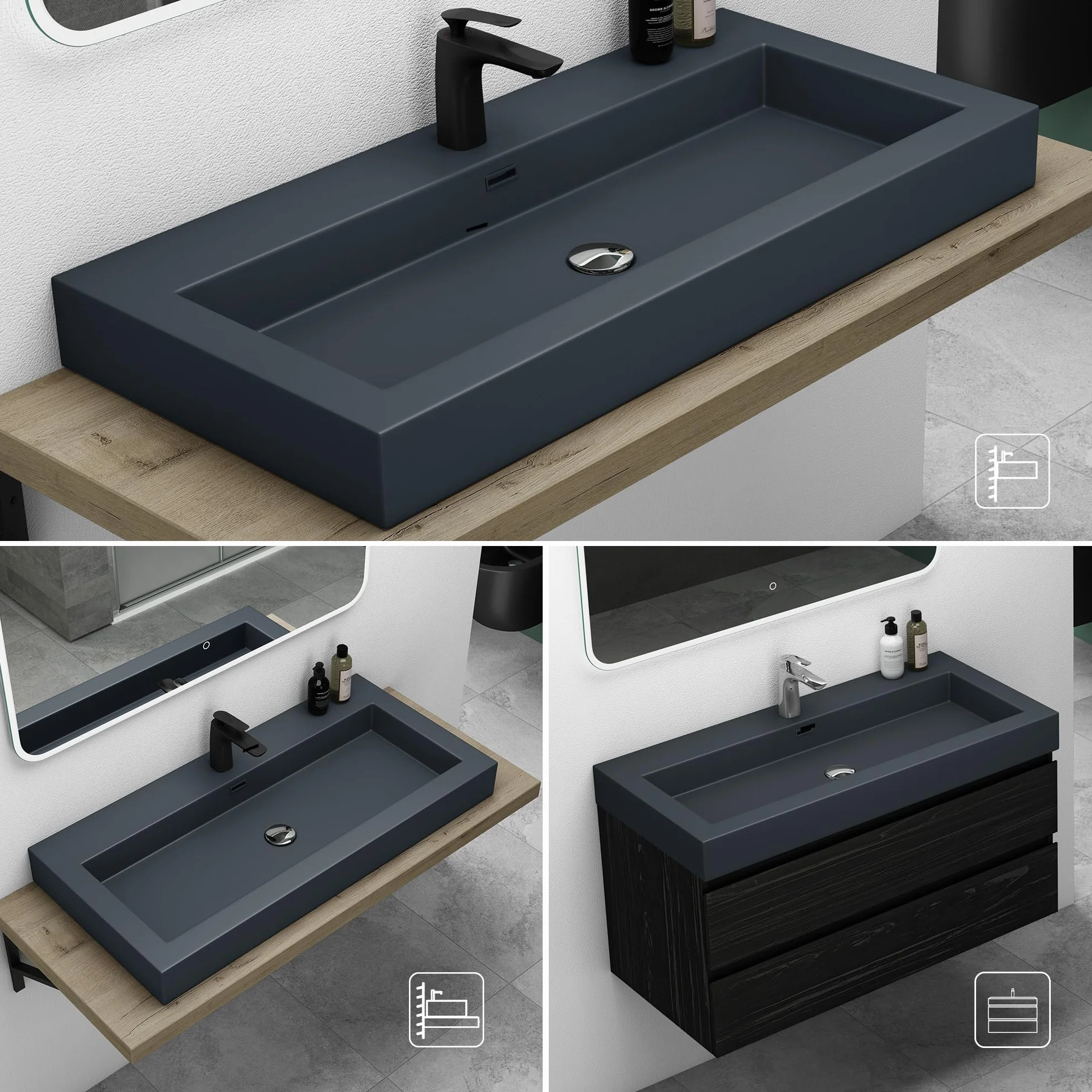 Mai & Mai Lavabo sobre Encimera Baño | Rectangular | Antracita Mate | Mármol Fundido | 60x48x12cm | con Rebosadero y Orificio para Grifo | Colossum18