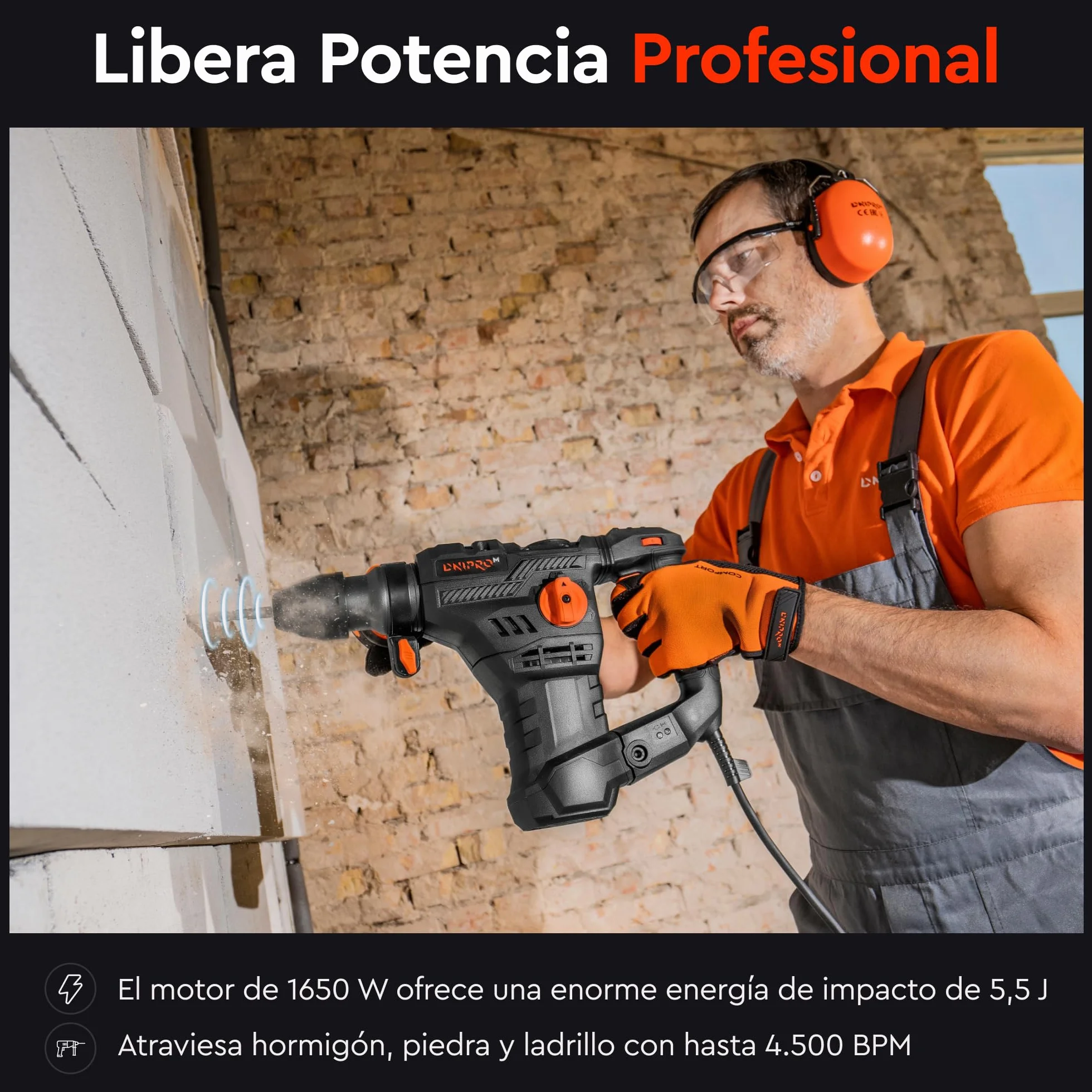 Martillo Perforador SDS Plus 1650W 5,5J, Taladro Percutor Profesional 4 Modos, Velocidad Variable, Sistema Antivibración, Embrague de Seguridad R-Control, Ø36 mm Hormigón, Cable 4 m, BH-20
