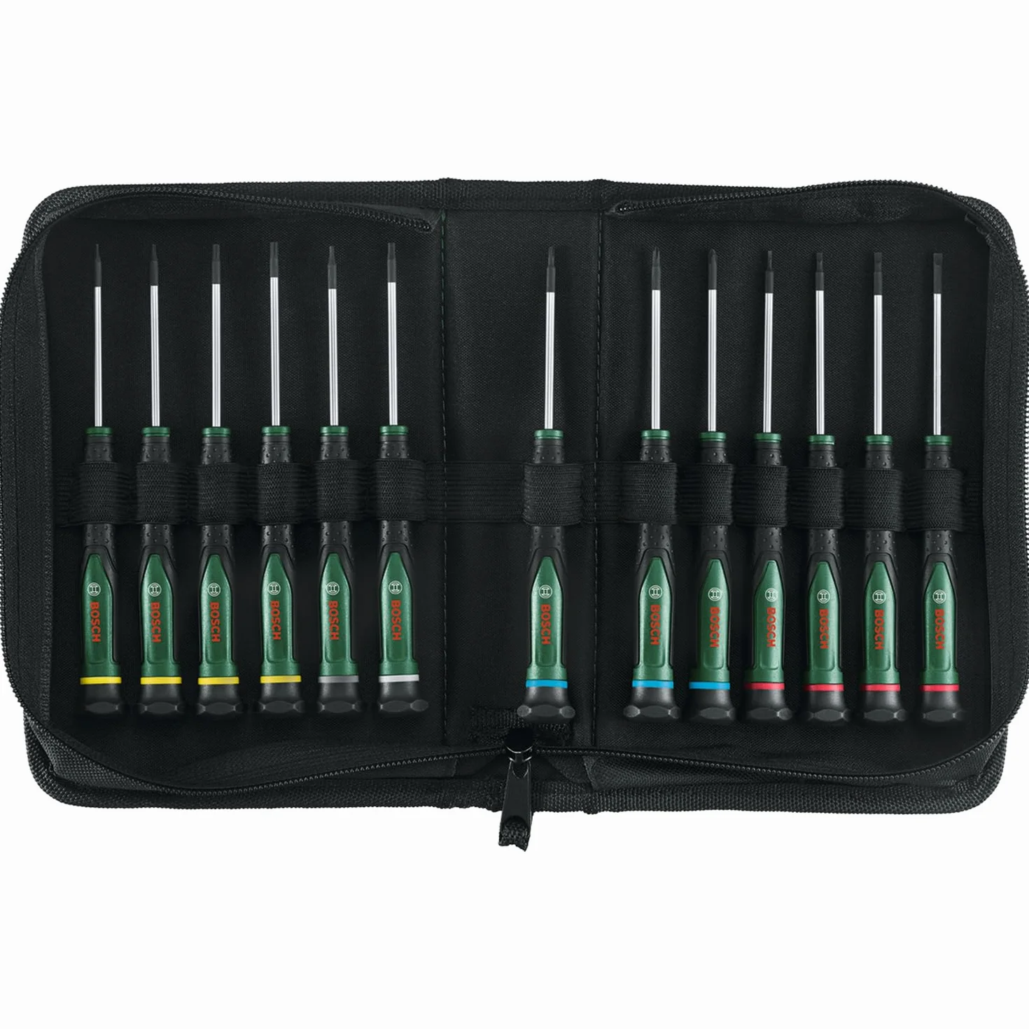 Bosch Juego destornilladores de precisión Bosch 13 pza. (acero S2 extraduro, para bricolaje/modelismo/manualidades; punta precisa/magnética; PH/TX/HEX/SL; tamaño codificado por color; mango suave)