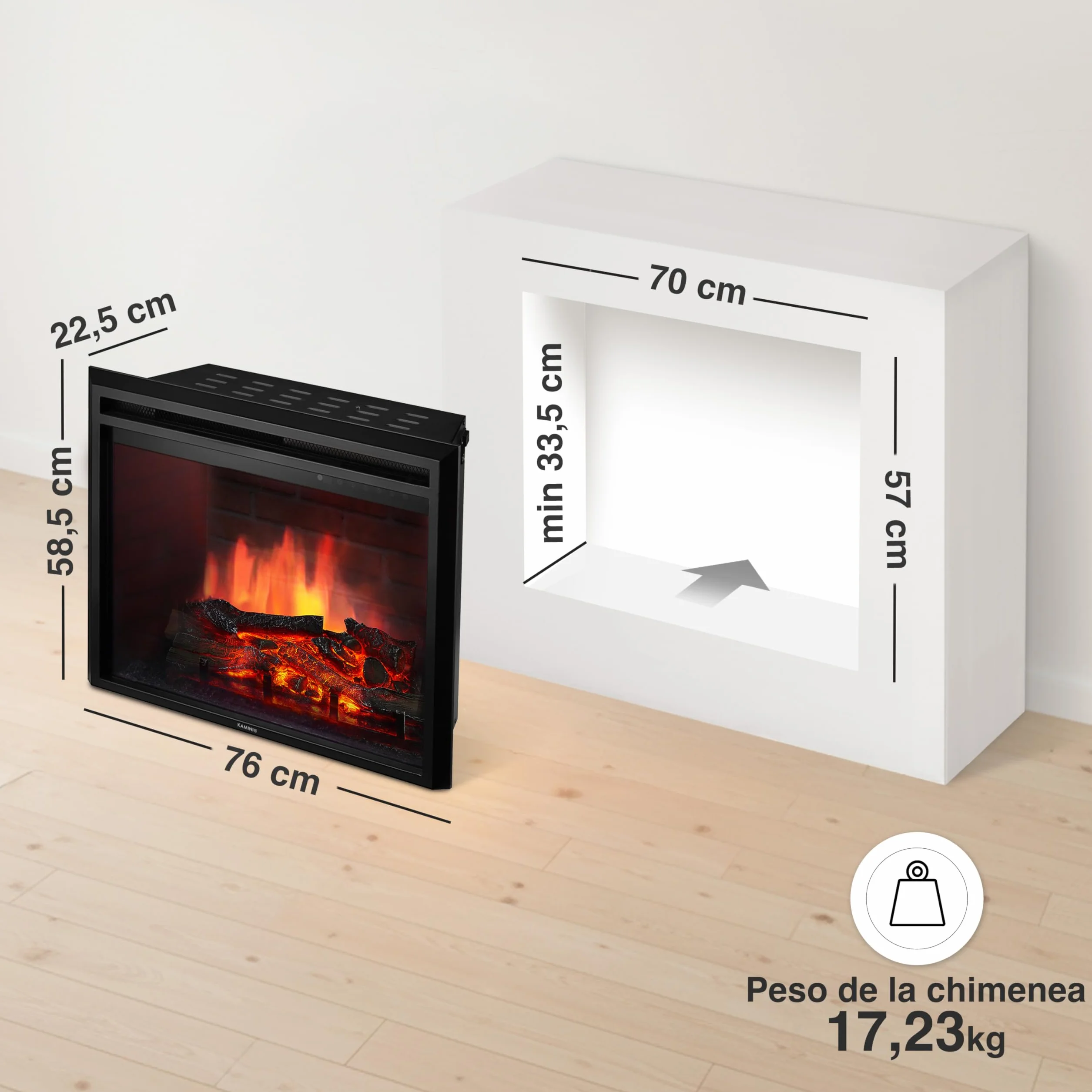KAMINIO Eléctrica Chimenea Luca - Chimenea empotrada eléctrica con calefacción, Efecto de Llama 3D, 12 Colores de Llama, Control Remoto (30 Pulgada)