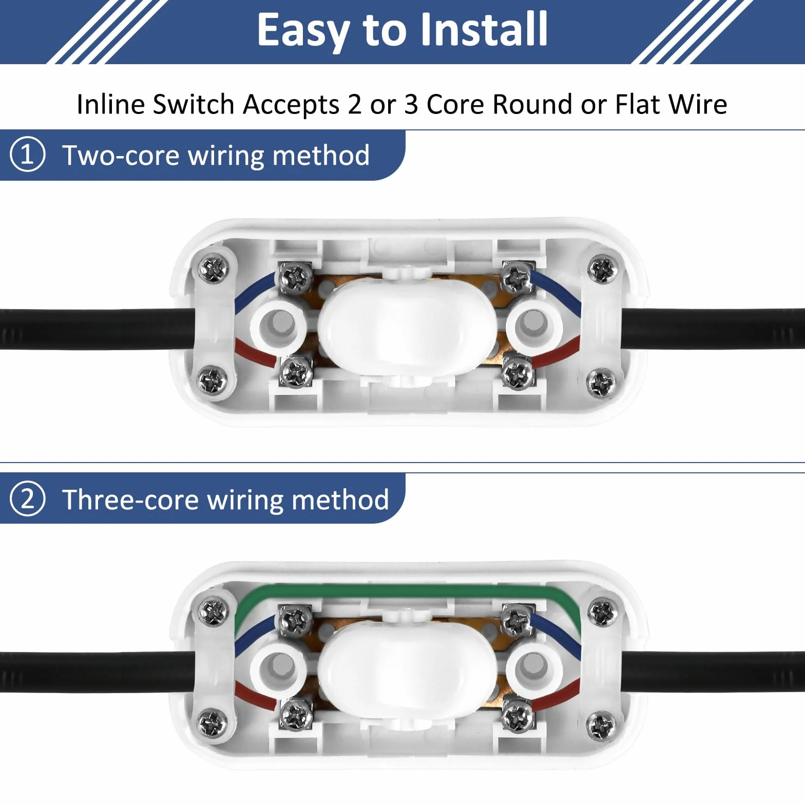Paquete de 2 Interruptores Torpedo Blanco, Bipolar 6A 250V, Interruptor en Línea para Lámpara de Escritorio