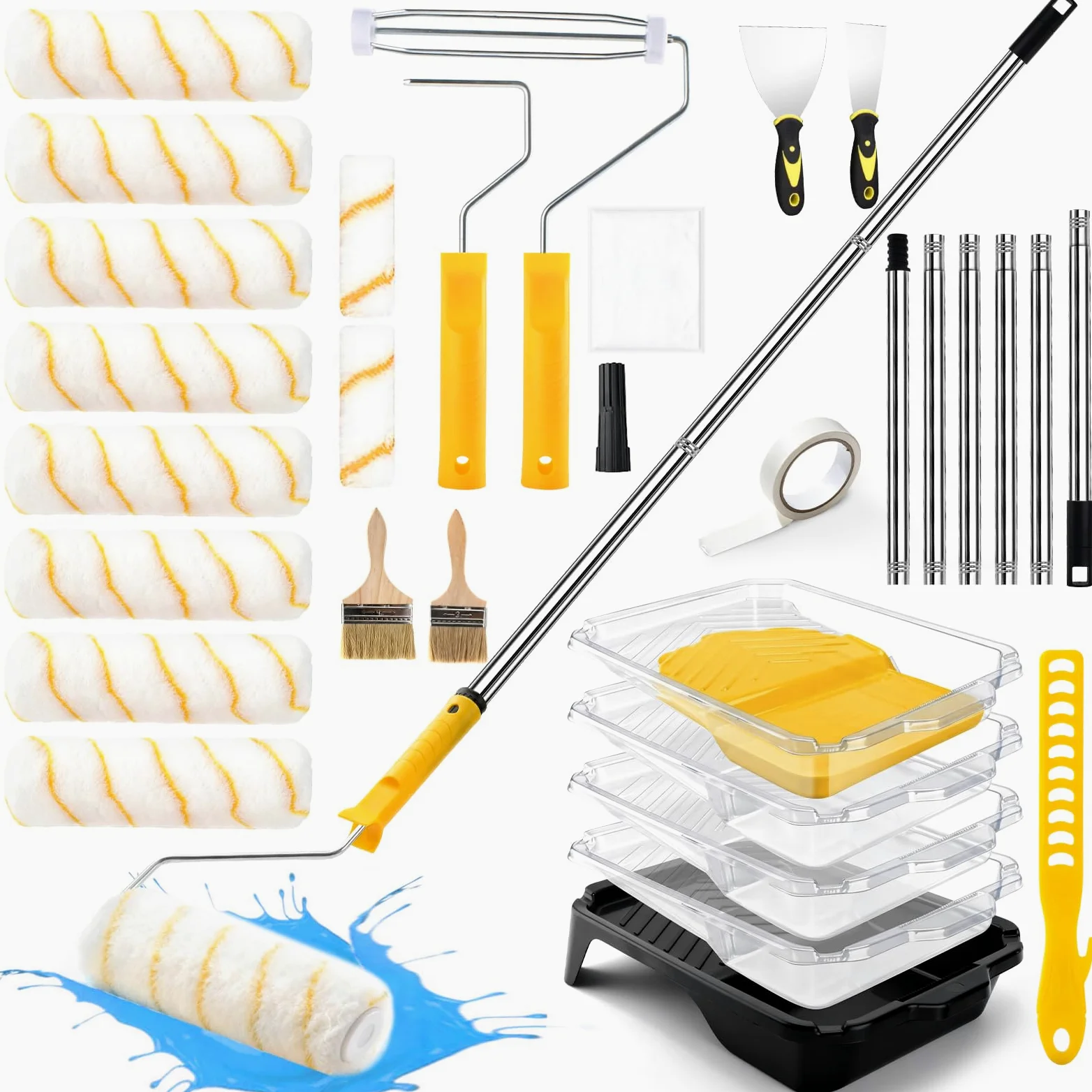 Kit de Pintura Profesional de 30 Piezas – Set de Rodillos para Pintura | con Palanca Telescópica 33-180cm, Bandeja para Pintura con Almohadilla y Accesorios Completos de Pintura