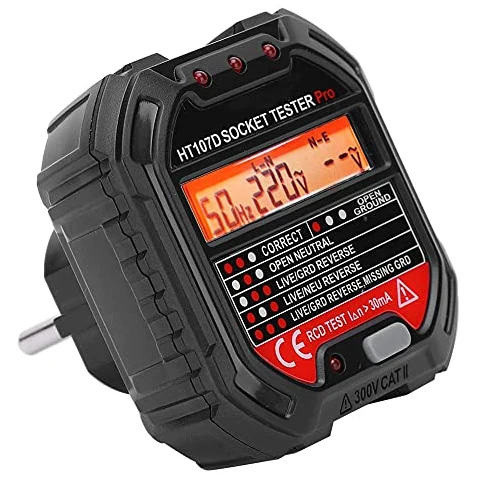 Walfront Probador Enchufes HT107D Comprobador Tomas Eléctricas 7 Modos LED Pantalla LCD Detector Voltaje Falla Red EU 90-250V