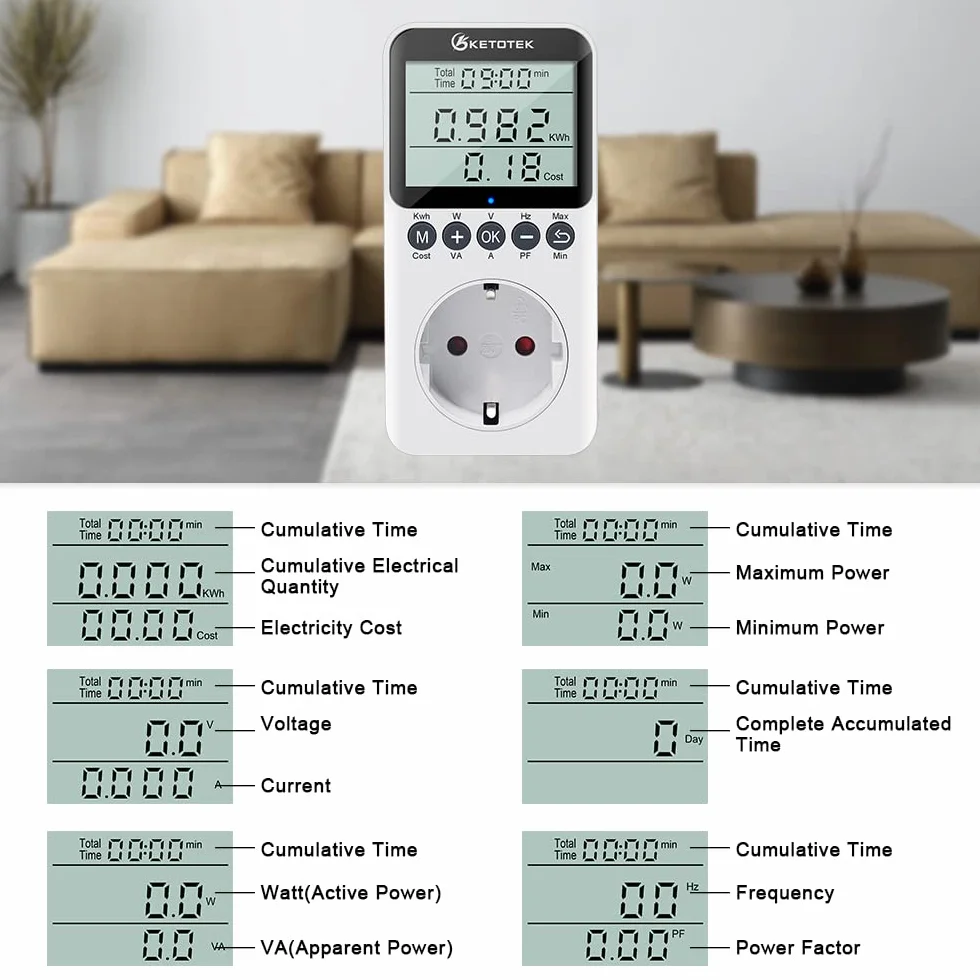 KETOTEK Medidor de Consumo Electrico, Enchufe Medidor de Energía con Pantalla LCD, Reteción de Datos Medidor de Costo de Electricidad 3680W Protección contra Sobrecarga