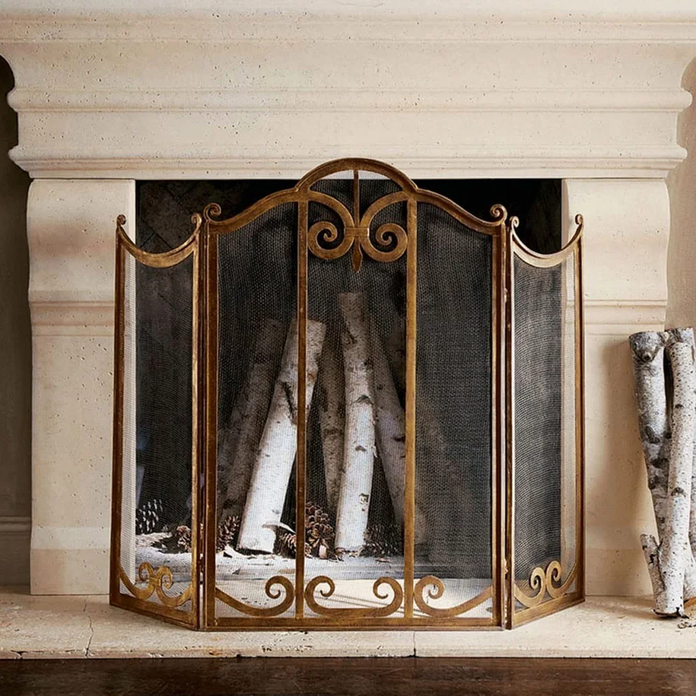 Salvachispas Chimenea Chimenea Screen Metal Old Partition Cerca de la Participación Sala de Estar Hogar Chimenea Decoración Decoración Guardrail Spark Protective Cubierta Tri-Fold Belt Net