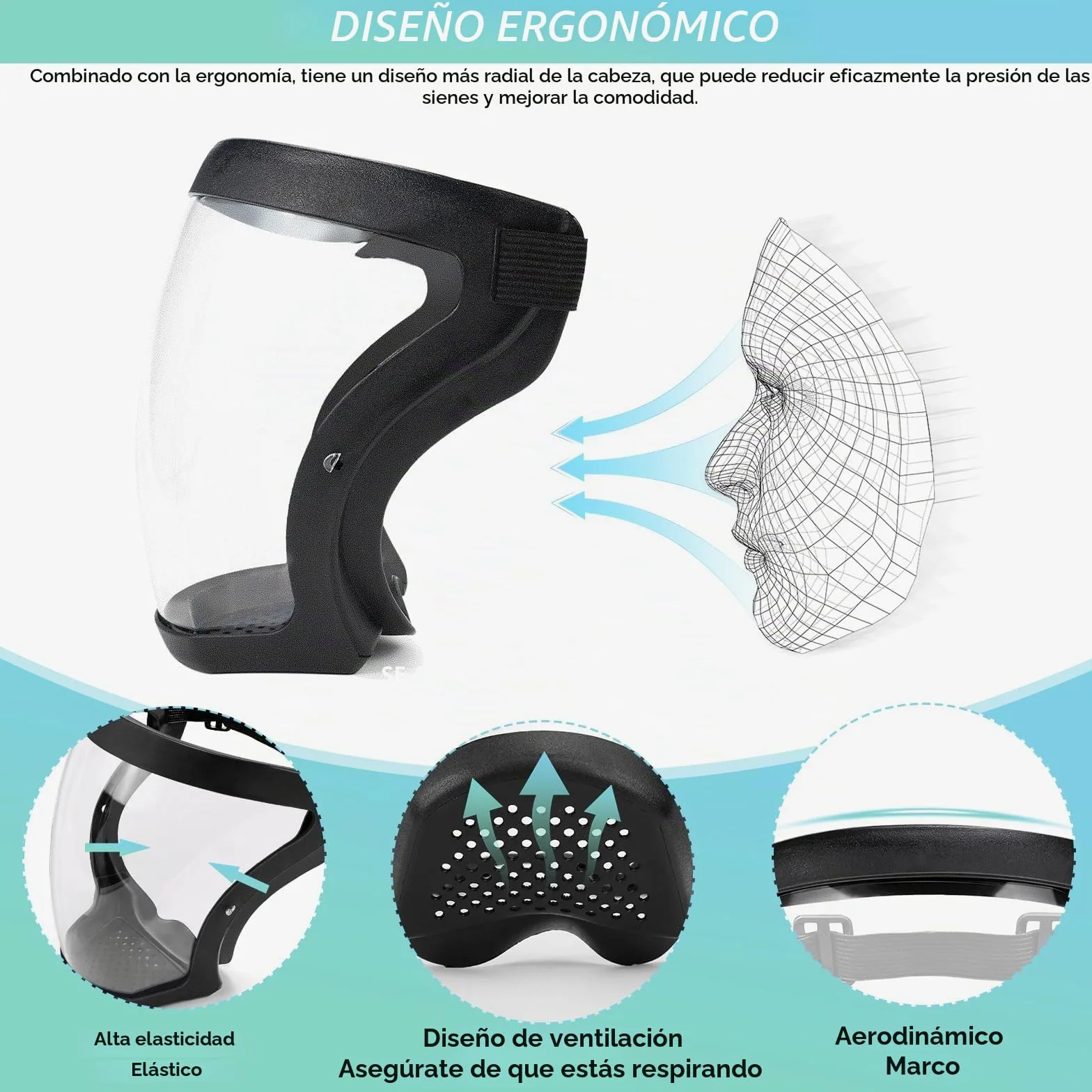 Protección facial protector antiempañamiento de cara completa de plástico transparente con banda ajustable para adultos