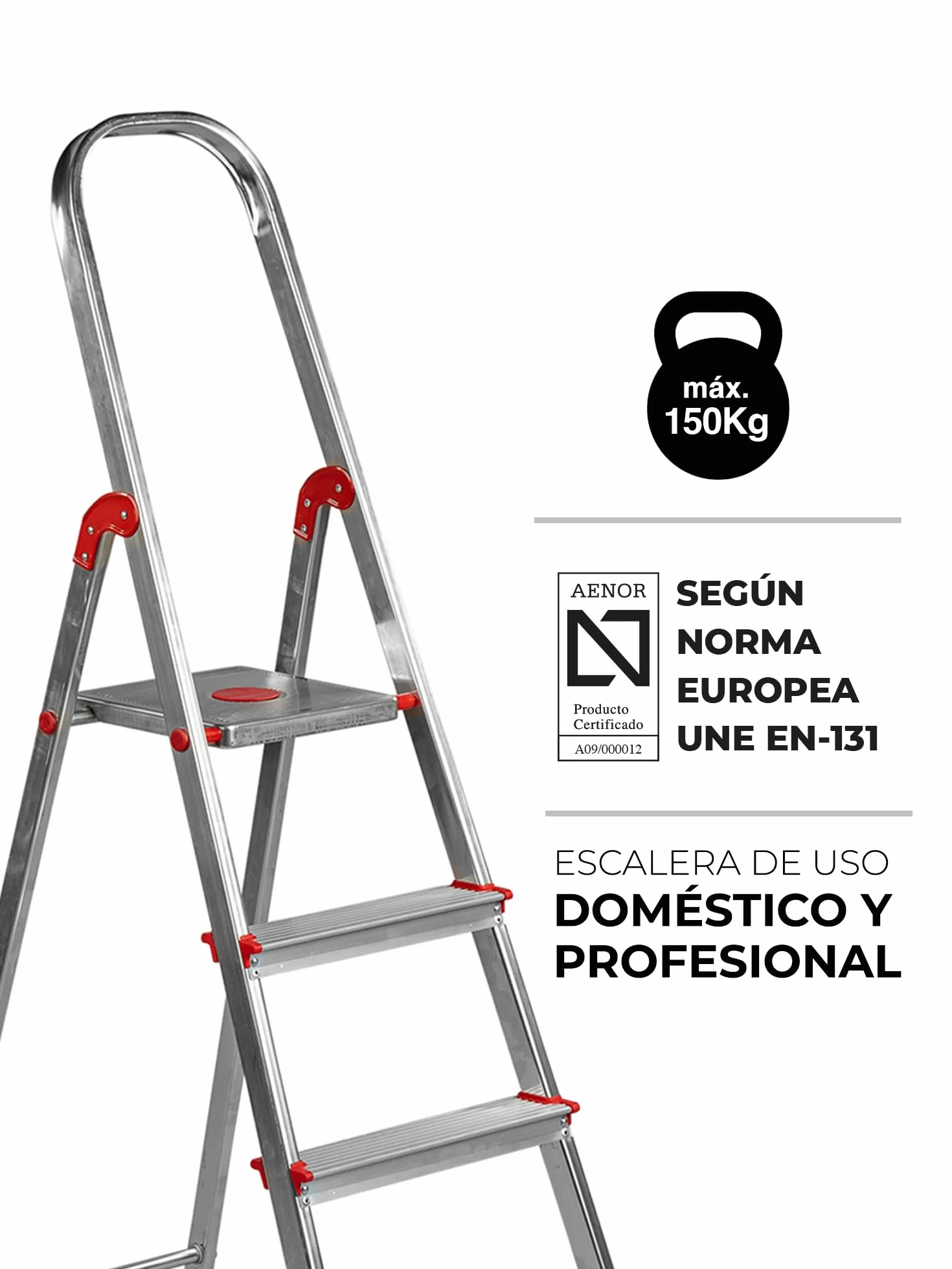 Escalera Aluminio Rolser Unica 5 Peldaños. Certificada según Norma Europea EN-131 para Uso doméstico y Profesional.