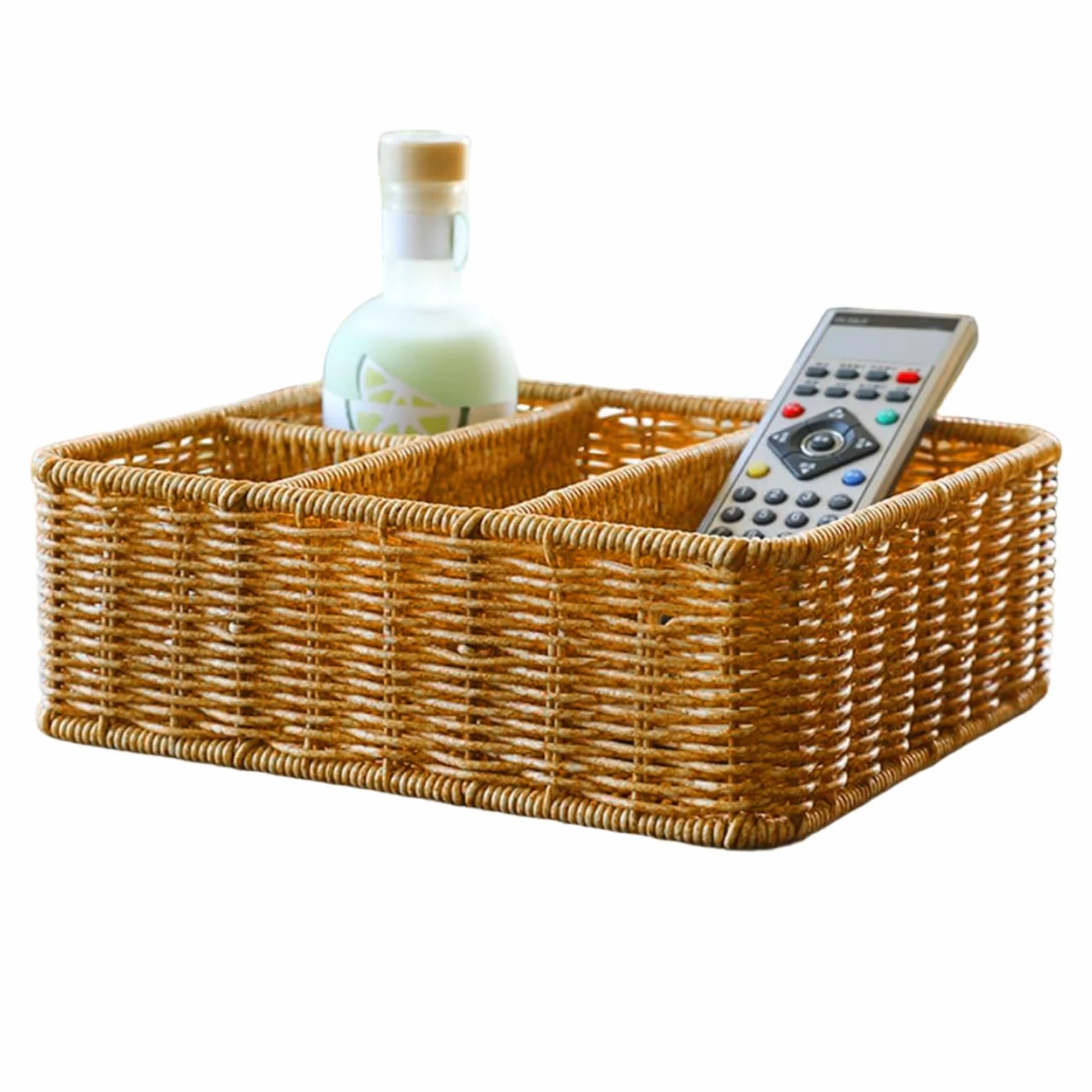 Cesta tejida de almacenamiento rectangular con 4 compartimentos, bandeja para llaves, organizador de entrada para control remoto de pañuelos, cesta de almacenamiento tejida