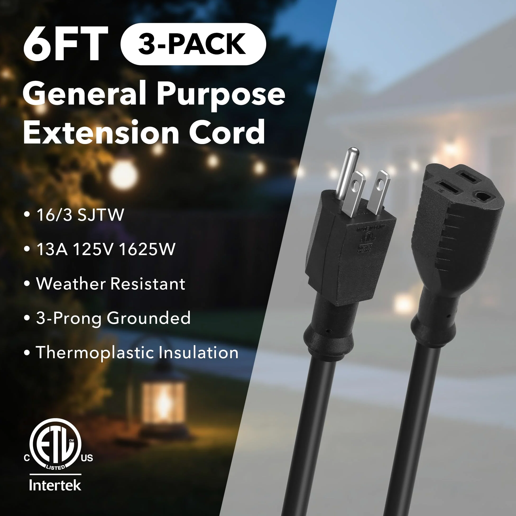 BN-LINK Cable de extensión para interiores y exteriores de 6 pies, 16/3 SJTW, paquete de 3, negro, 3 puntas, resistente a la intemperie y ignífugo, para interiores, jardín, paisajismo y decoraciones