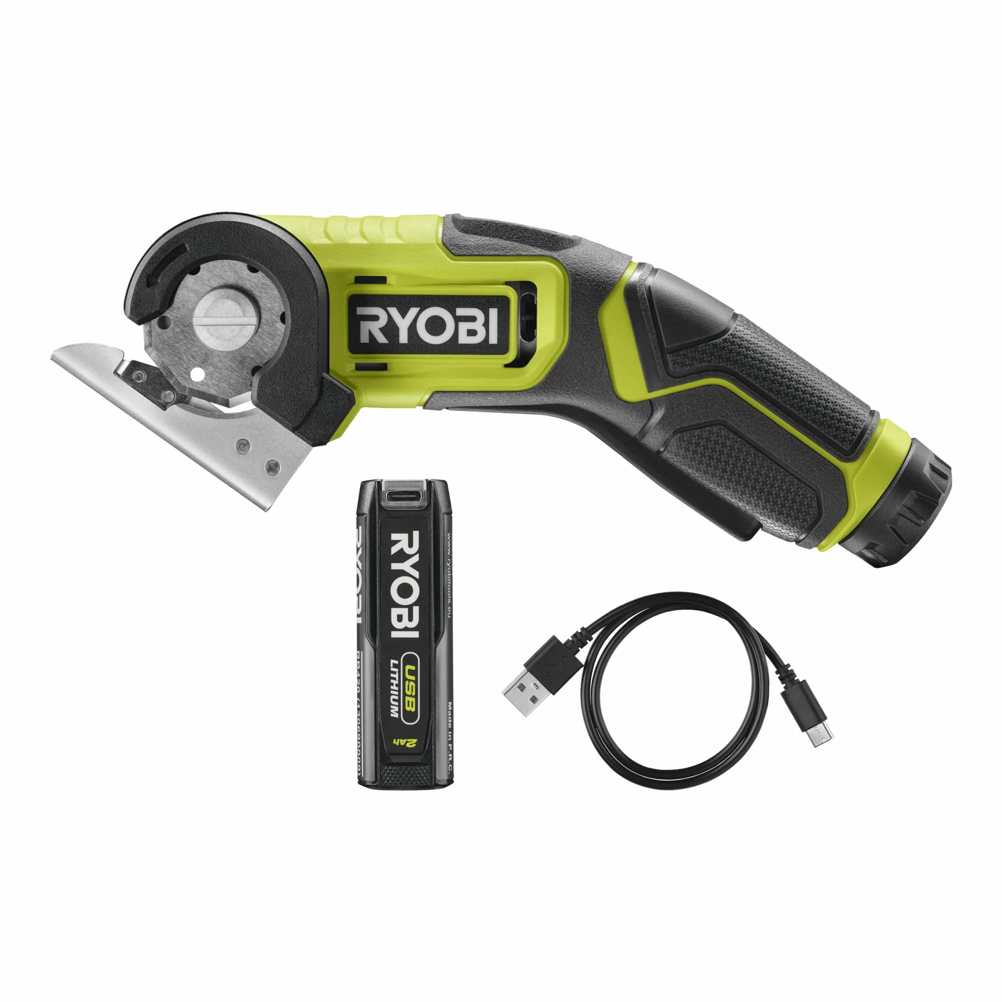 RYOBI - Herrammienta de Corte 4V USB Lithium - Ø38 mm, Velocidad 200 rpm- para Cuero, Plástico, Fieltro, Cartón - Compacto y Liviano - Incluye Batería Extraíble y Cable USB-C para Cargar - RCT4-120G