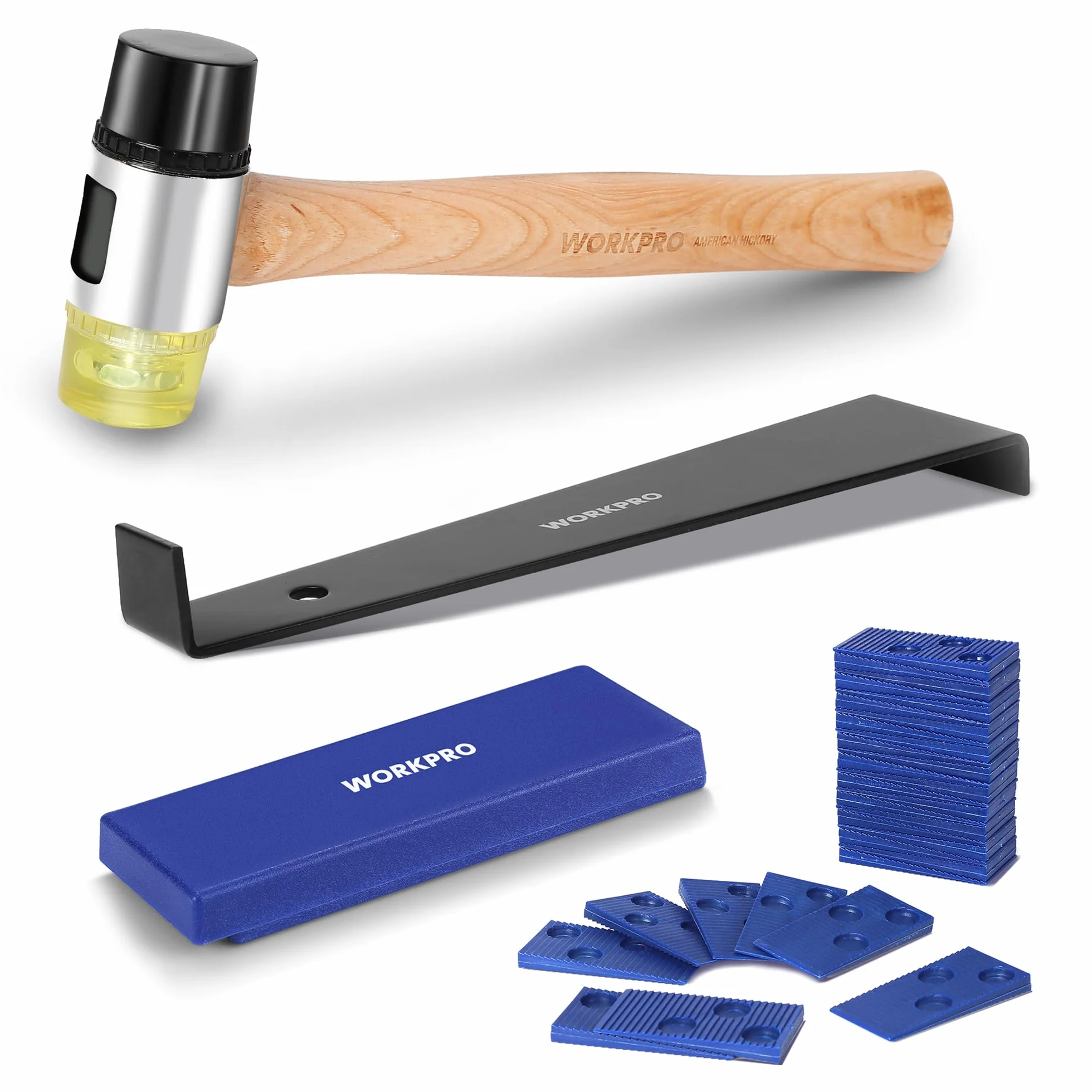 WORKPRO Herramientas para Suelos Laminados con 30 Separadores, Kit de Instalación de Suelo y Piso Laminado, Martillo de Doble Cara, Barra de Tracción y Taco de Impacto